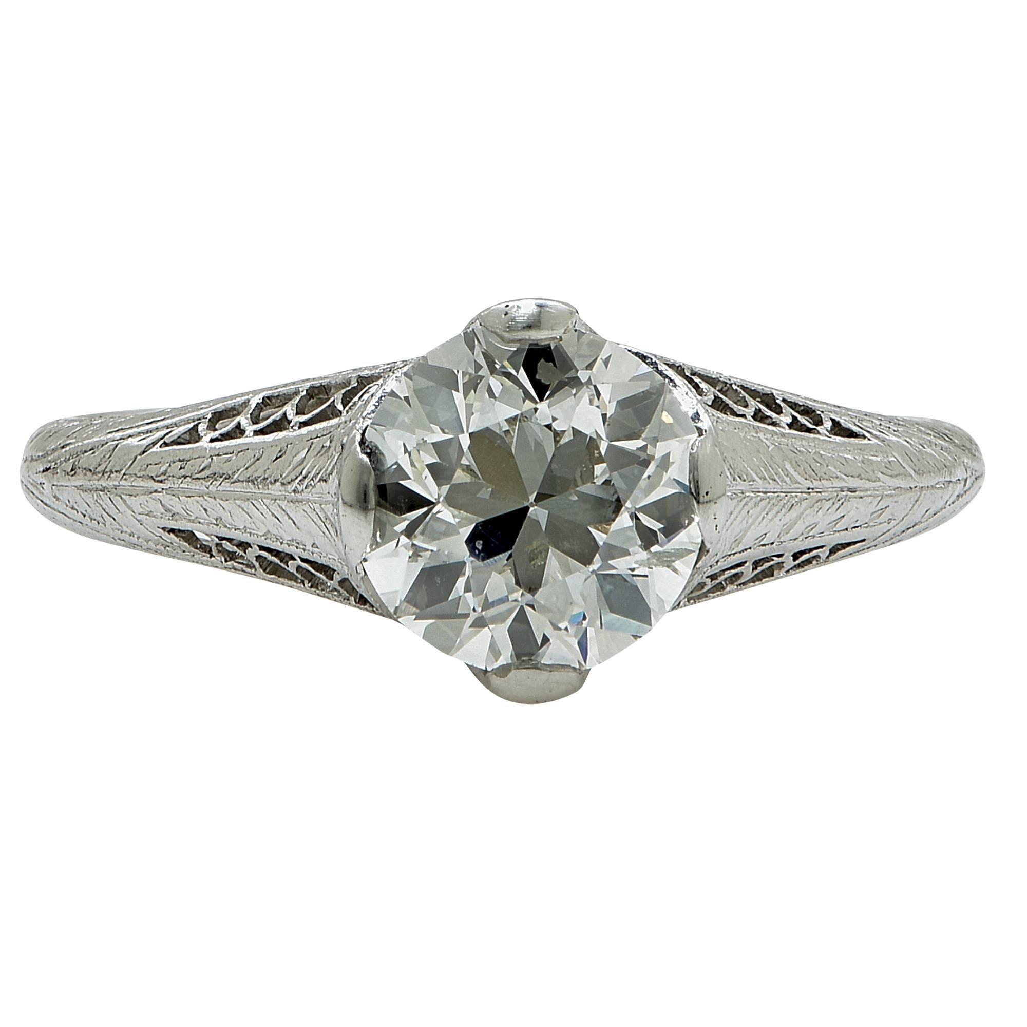 Platinum Art Deco engagement ring containing a European cut diamond weighing approximately 1.50cts I color and Si2 clarity.

The ring is a size 7.5 and can be sized up or down.
It is stamped and tested as platinum.

This diamond ring is accompanied