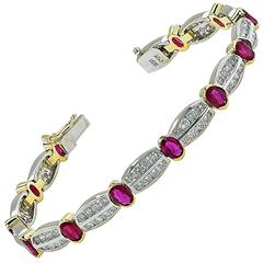 9.80 Carats Burma Rubies Diamonds Two Color Gold Bracelet