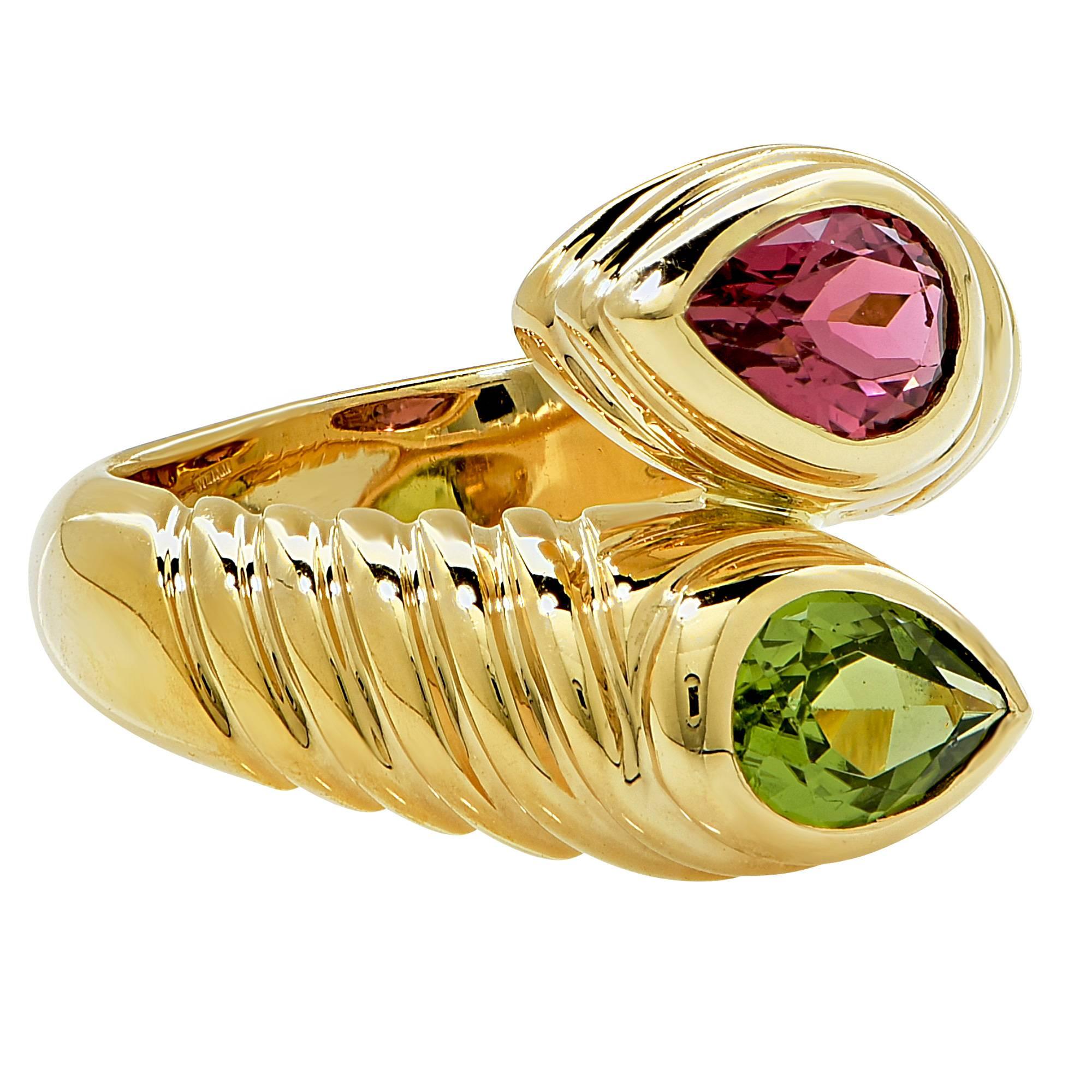 Women's Bulgari Doppio Pink Tourmaline Peridot Gold Ring 