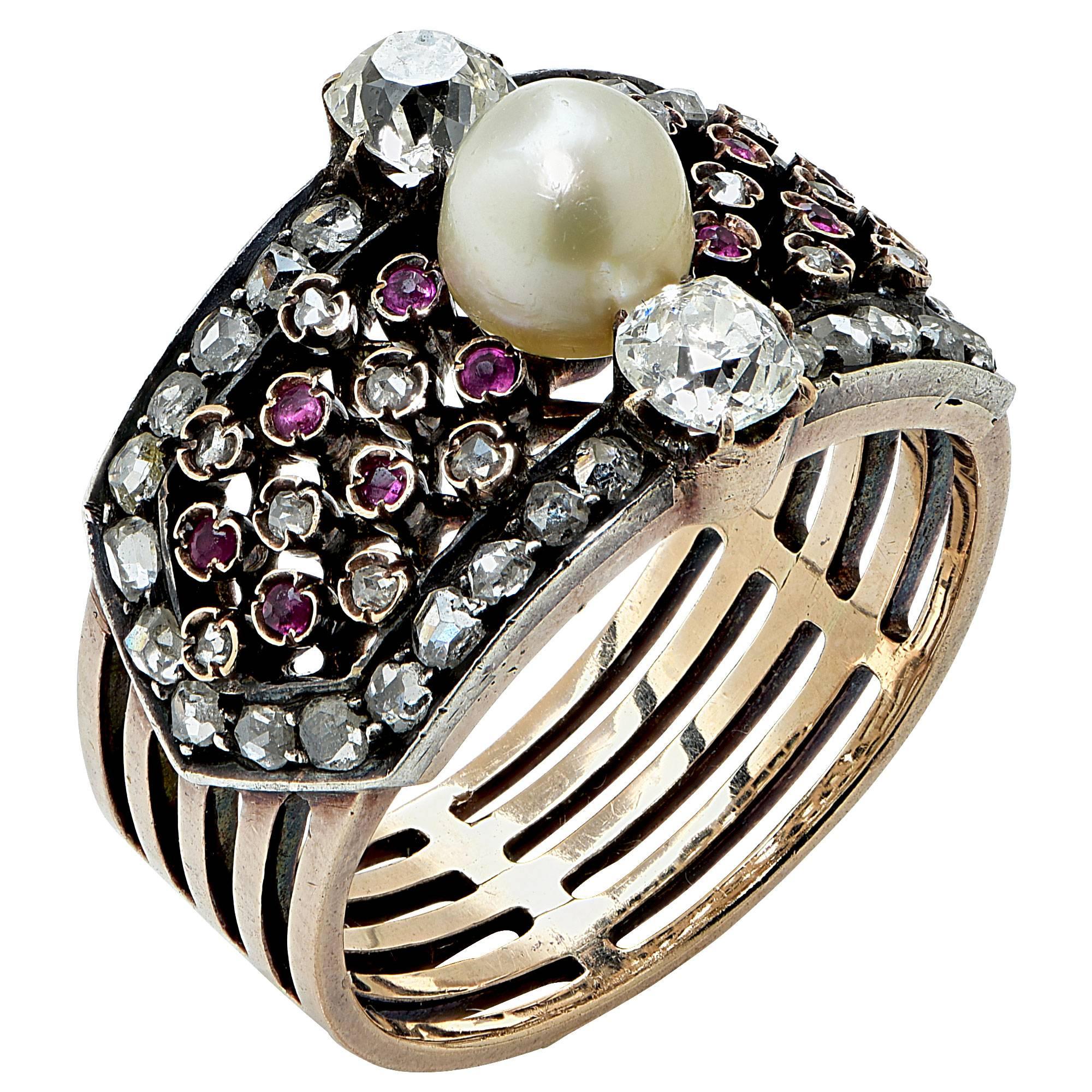 Women's Antique Victorian Natural Pearl Ruby Diamond Ring