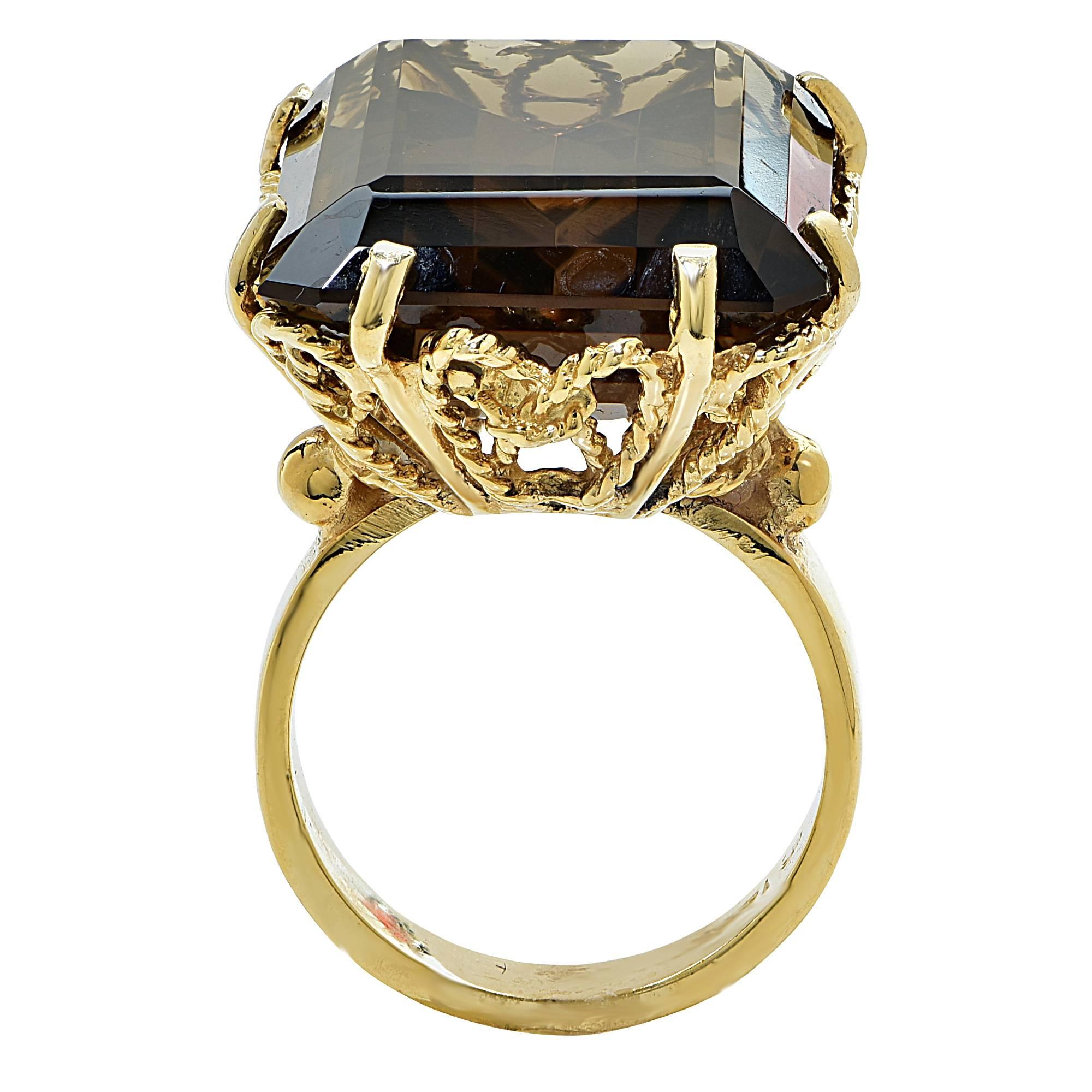 Women's 30 Carat emerald cut Smoky Quartz gold Ring
