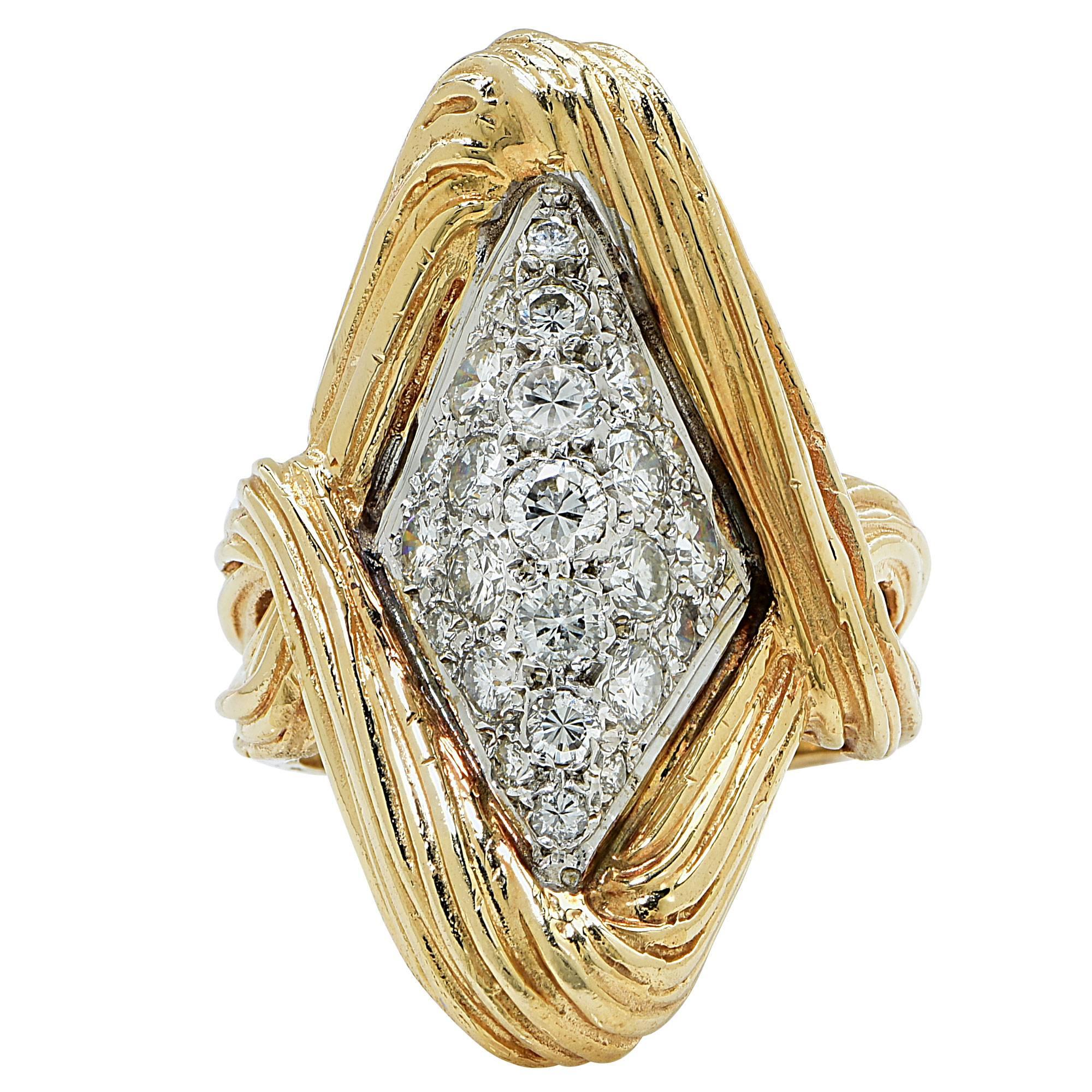 14k white and yellow gold ring featuring 28 round brilliant cut diamonds weighing approximately 2cts total, G color VS-SI clarity.

The ring is a size 6.75 and can be sized up or down.
It is stamped and tested as 14k gold.
The metal weight is
