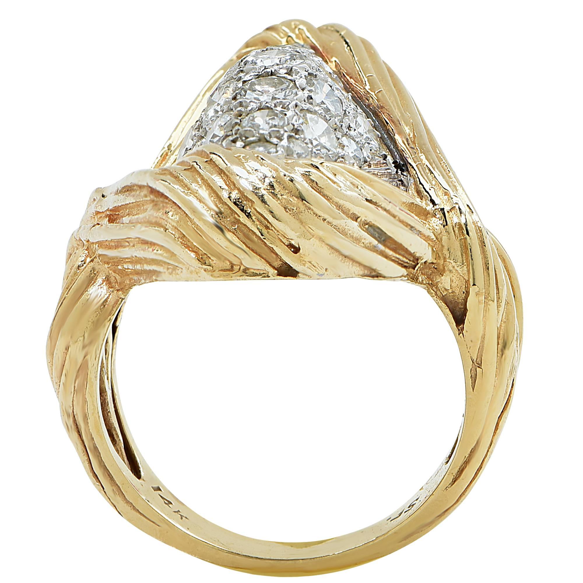 Women's 1970s Sculptural Diamond Two Color Gold Ring