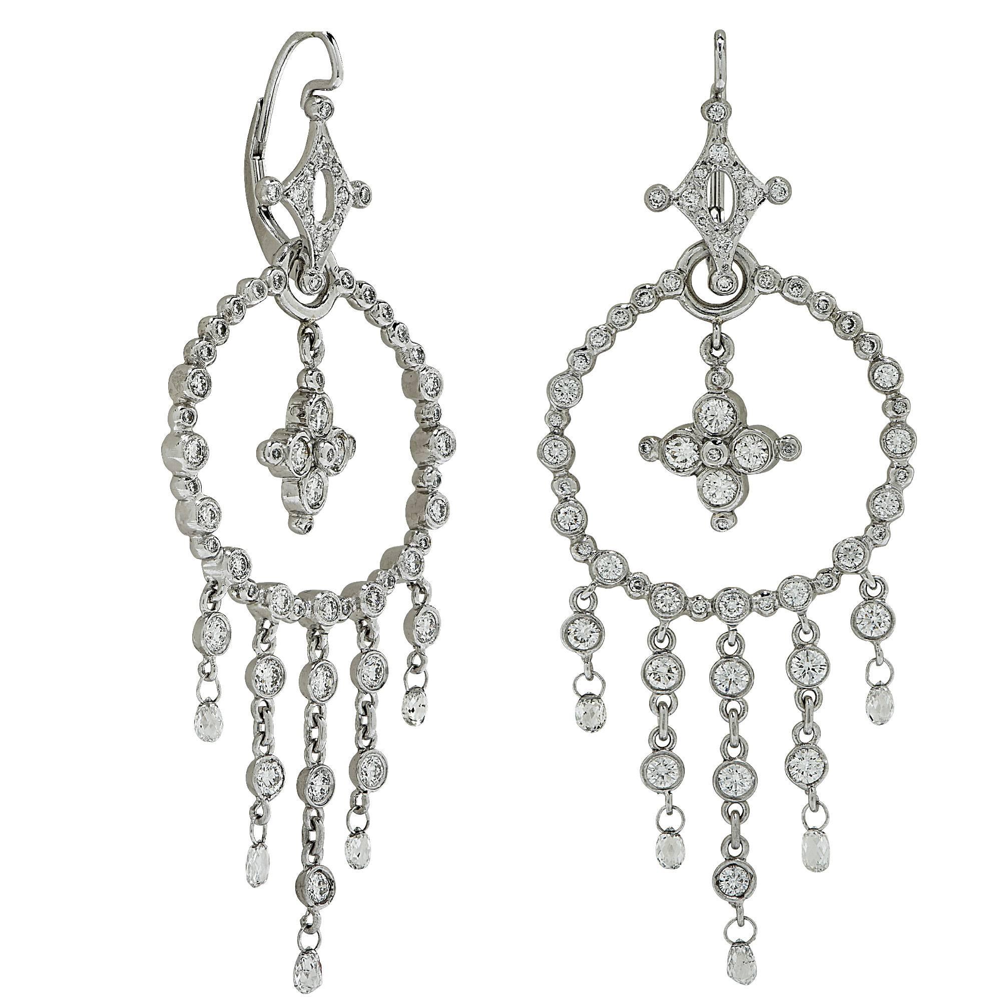 18k white gold dream catcher earrings featuring 122 round brilliant and briolette cut diamonds weighing approximately 2.75cts total G color VS clarity.

These earrings measure 2.65 inches in height by 1.01 inch in width by .30 inch in depth.
It