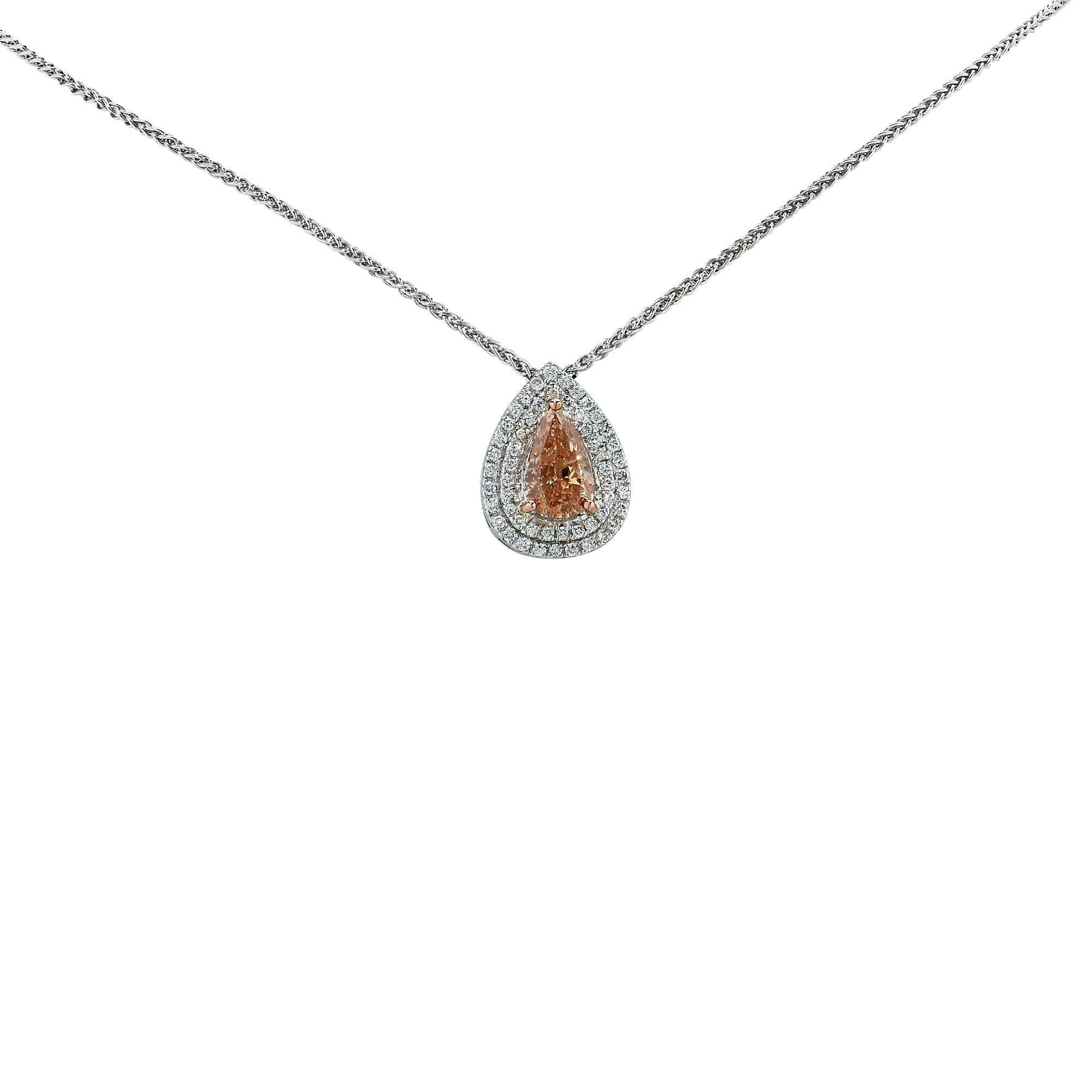 18k white gold necklace featuring a 1.69ct natural fancy brown-orange GIA graded pear shape diamond accented by 53 round brilliant cut diamonds weighing .39cts total, G color, VS clarity.

It is stamped and tested as 18k gold.
The metal weight is