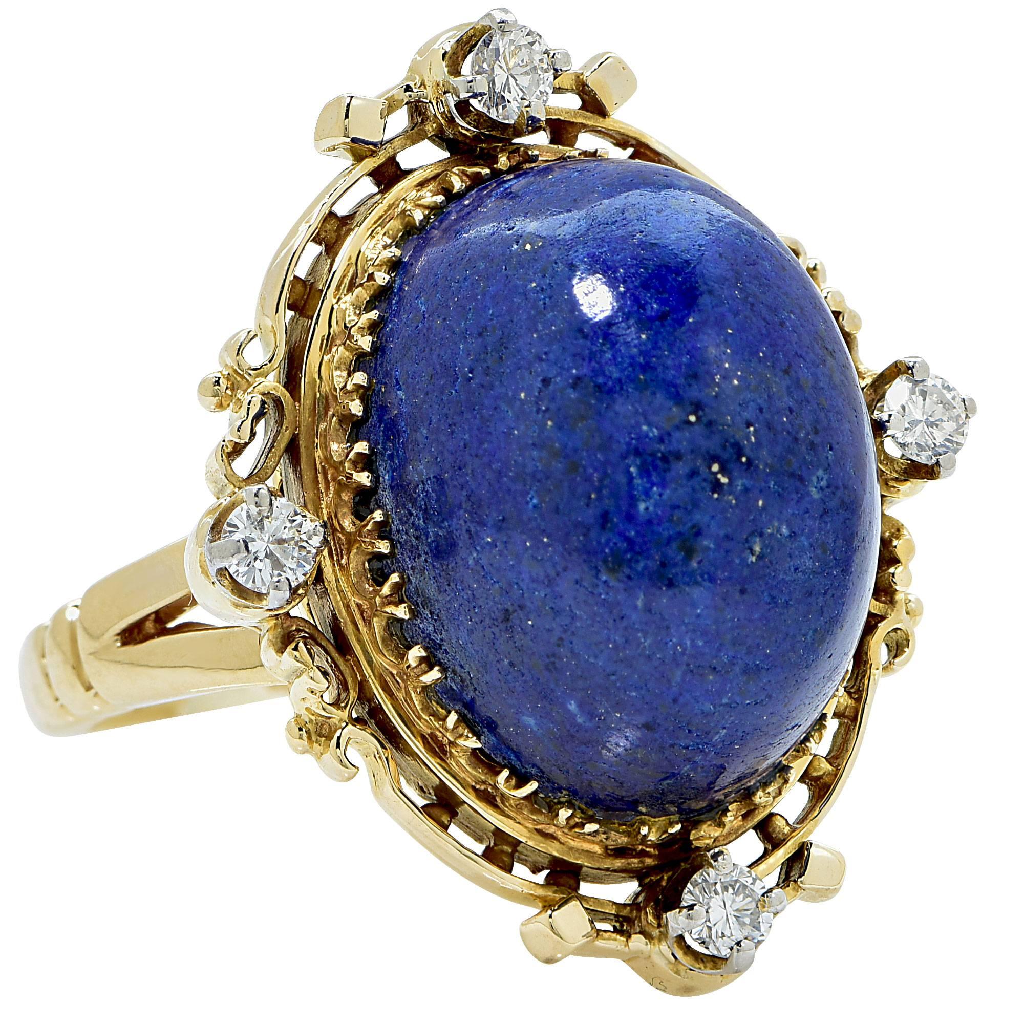 Lapis Diamond Gold Ring In Excellent Condition In Miami, FL