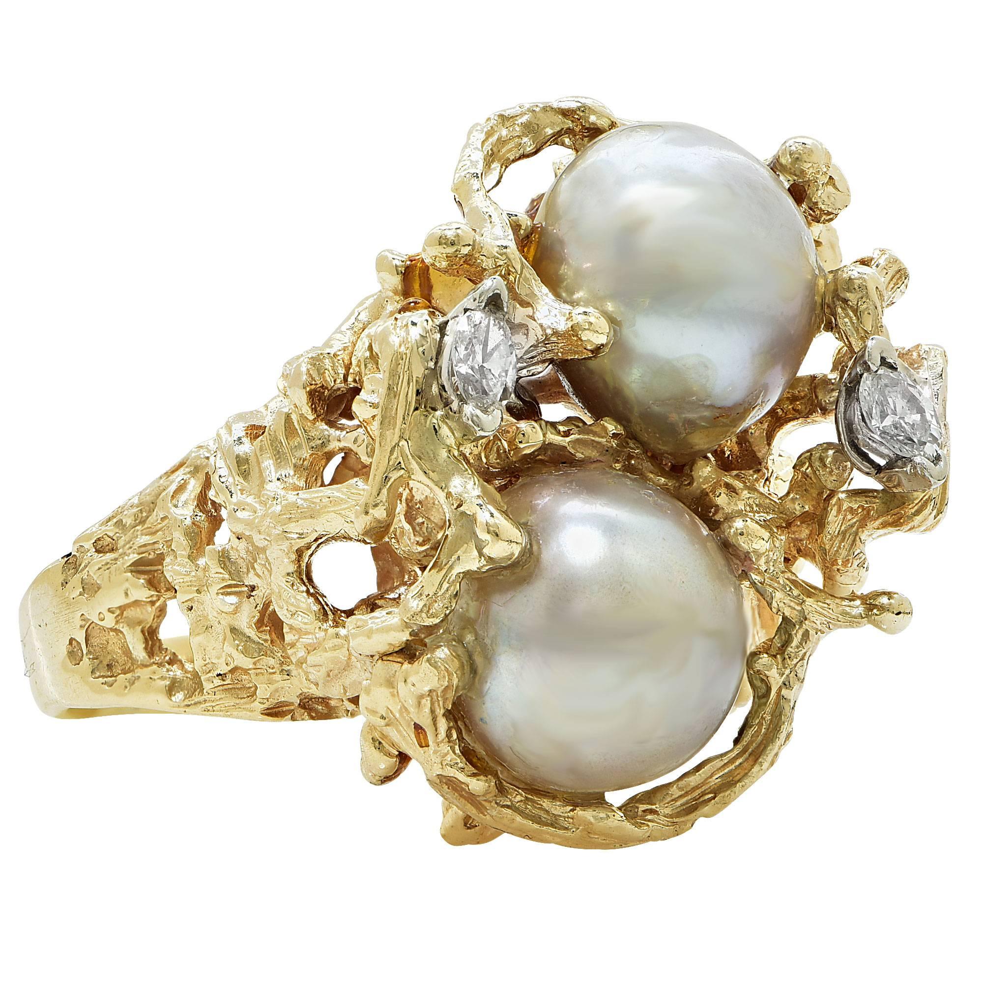 Pearl Diamond Gold Ring In Excellent Condition In Miami, FL