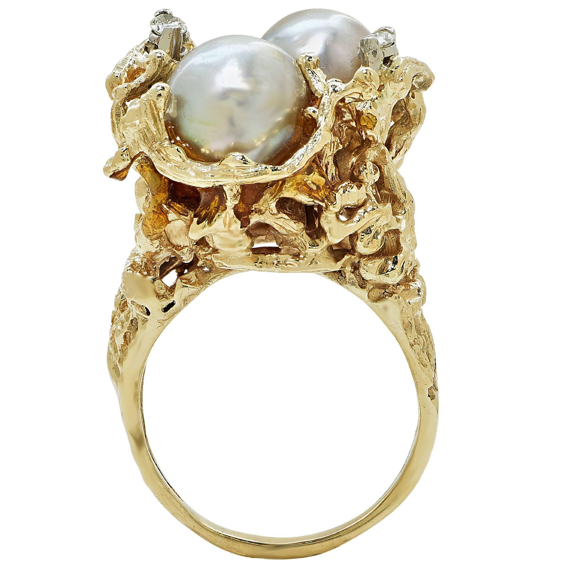 Women's Pearl Diamond Gold Ring