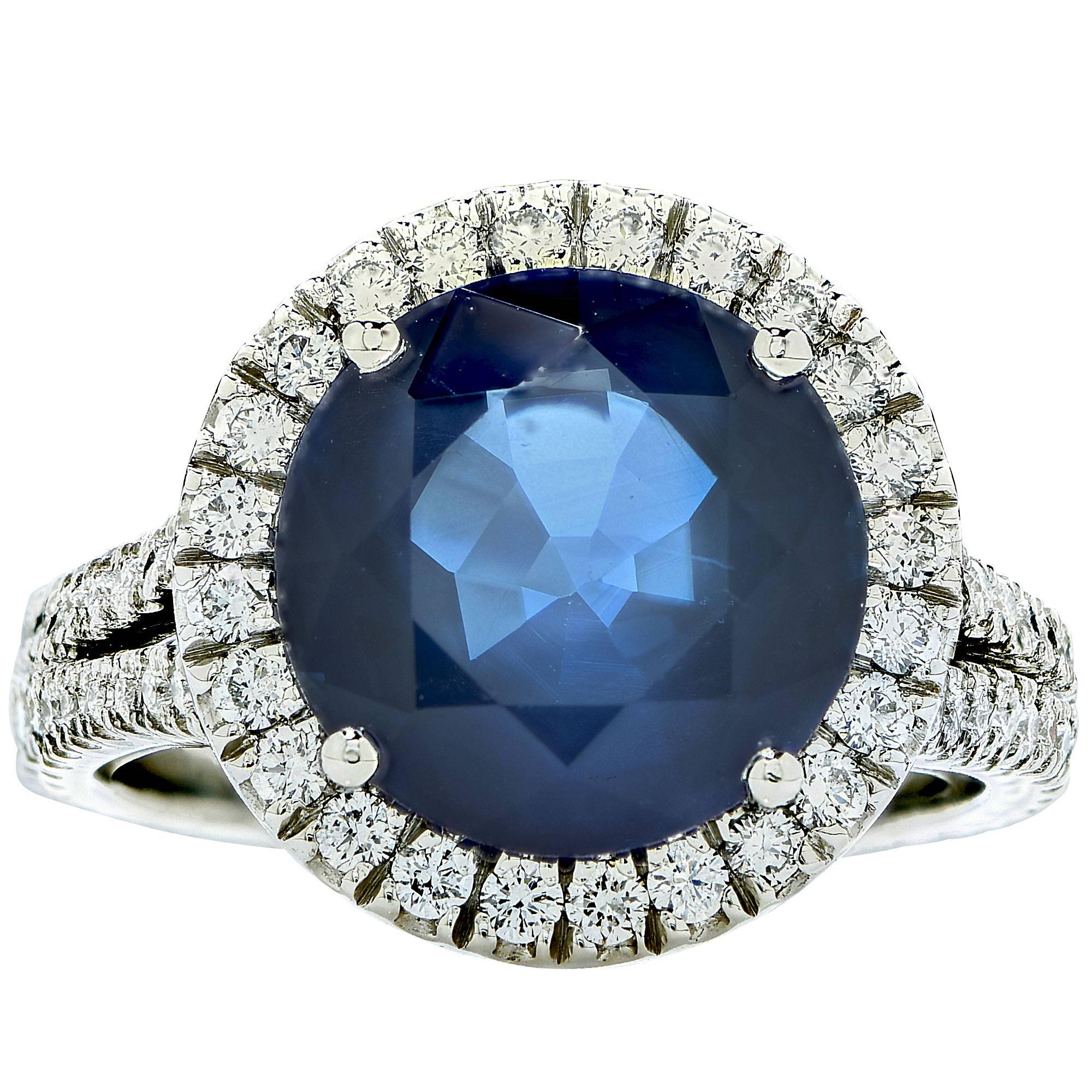 This beautiful platinum custom-made ring features a 5.93ct round cut sapphire surrounded  by .84cts of round brilliant cut diamonds, G color, VS clarity.

The ring is a size 6 and can be sized up or down.
It is stamped and tested as platinum.
The