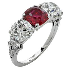 Yard Art Deco Ruby Diamond Platinum Three Stone Ring