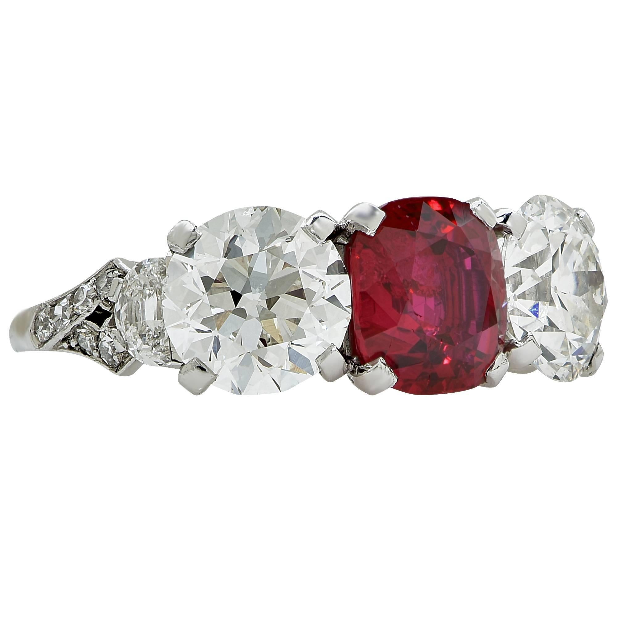 Women's Yard Art Deco Ruby Diamond Platinum Three Stone Ring