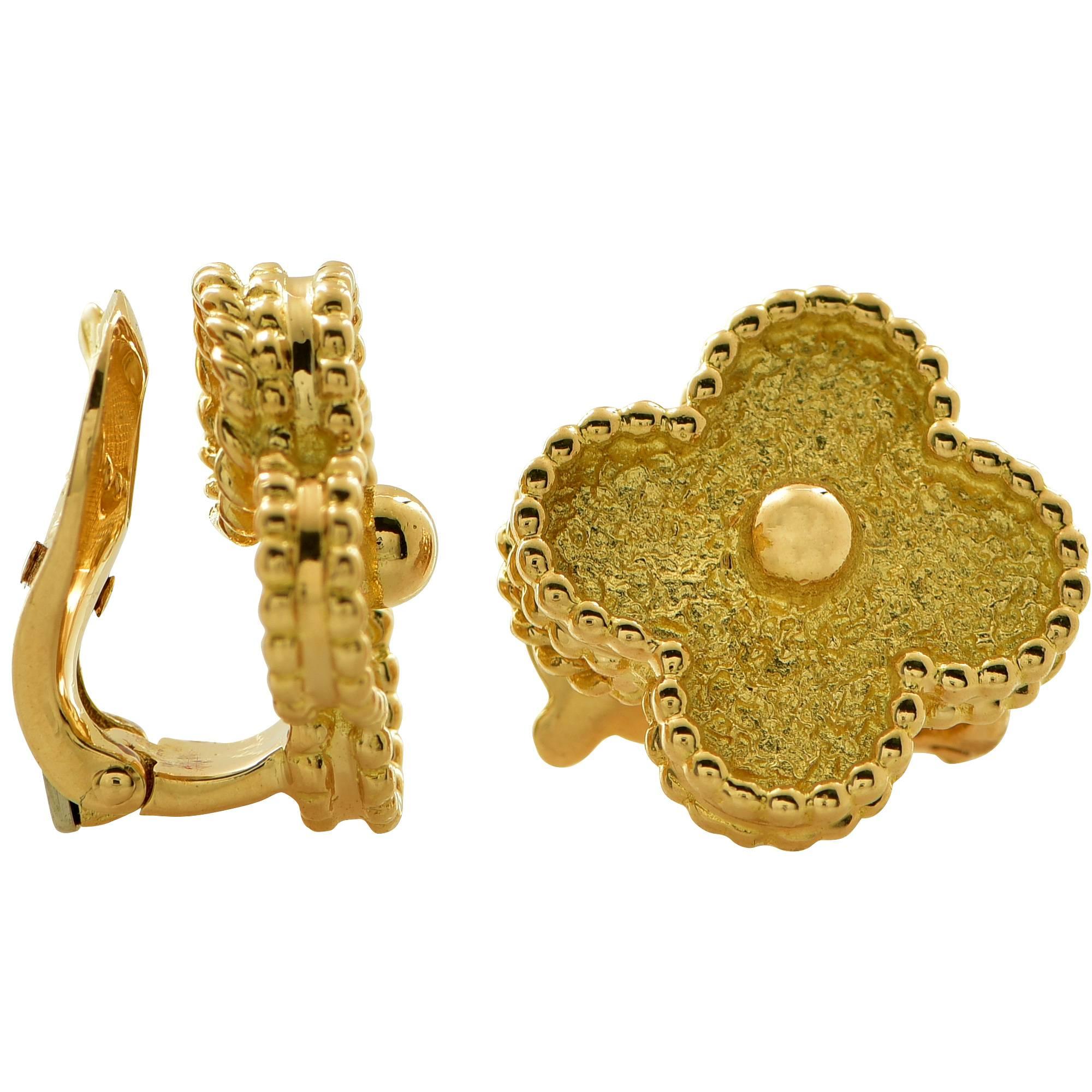 Vintage Alhambra earrings in 18k yellow gold.

It is stamped and/or tested as 18k gold.
The metal weight is 8.25 grams.

These VCA earrings are accompanied by a retail appraisal performed by a GIA Graduate Gemologist.