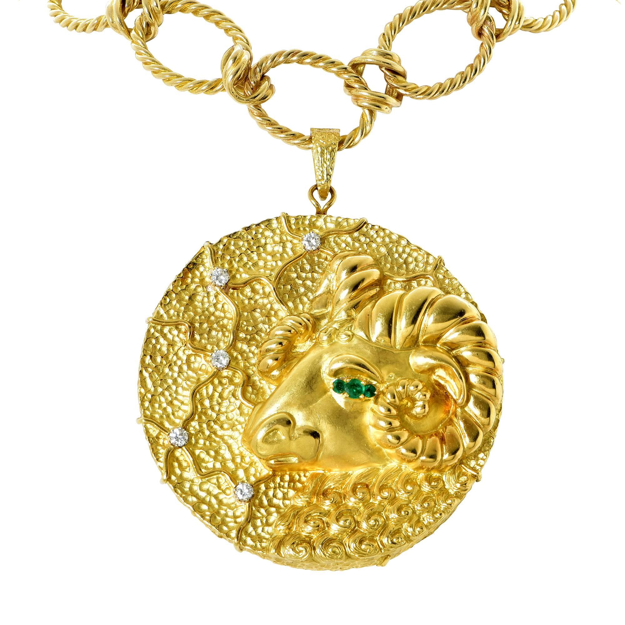 18 Karat Yellow Gold Ram's Head Necklace