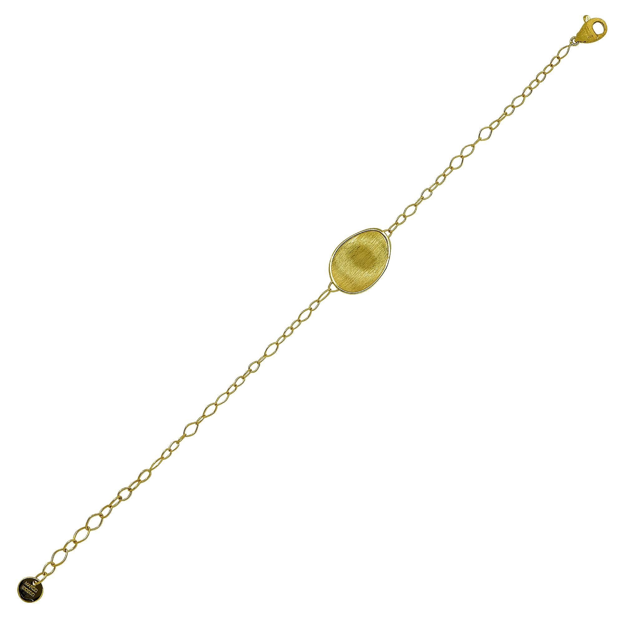 18k yellow gold Marco Bicego small bead bracelet. This piece is inspired by the Lunaria flower. It is hand engraved and hammered by Italian artisans.

The bracelet measures 6.25 inches.
It is stamped and/or tested as 18k gold.
The metal weight is