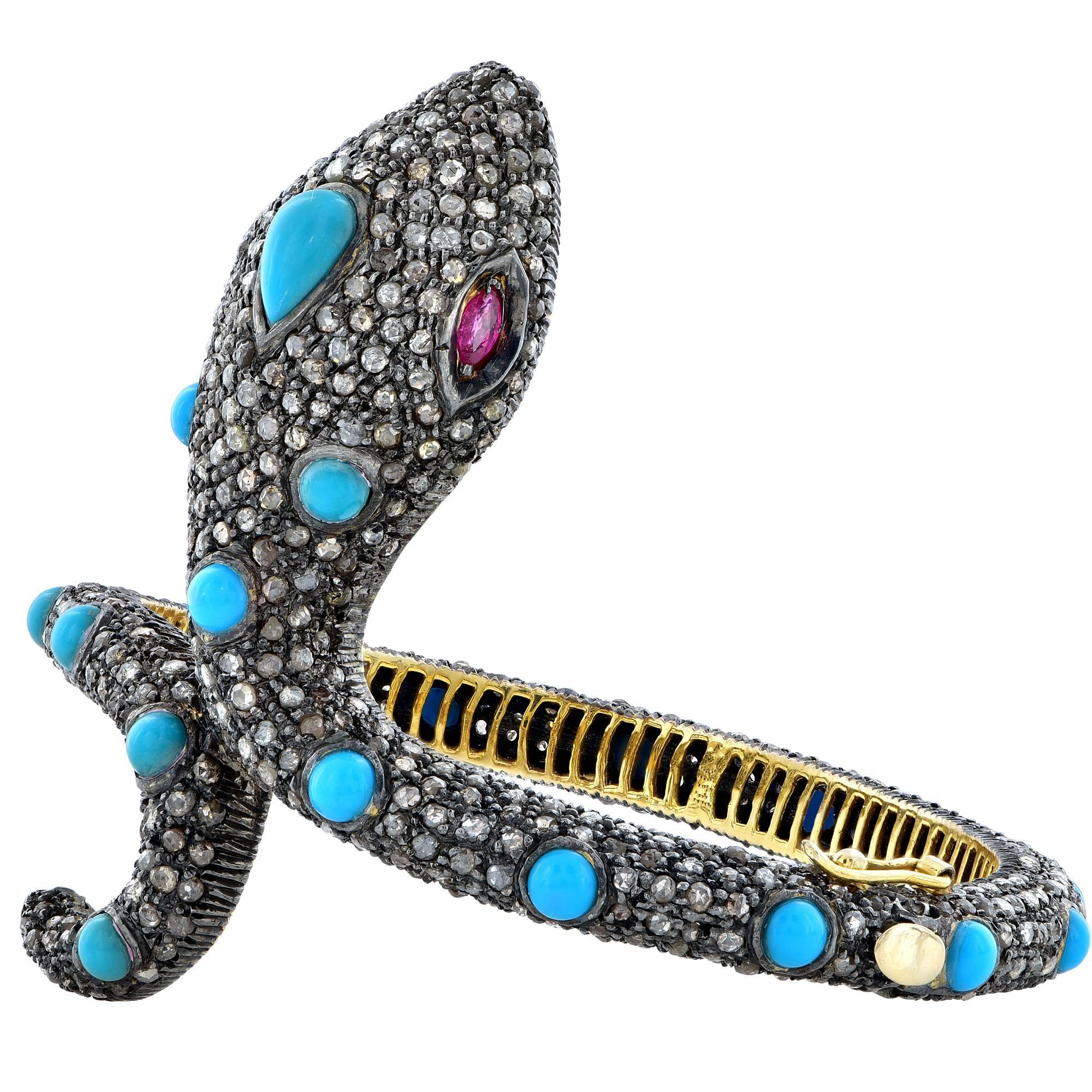 Snake Turquoise Diamond Bangle Bracelet In Excellent Condition In Miami, FL