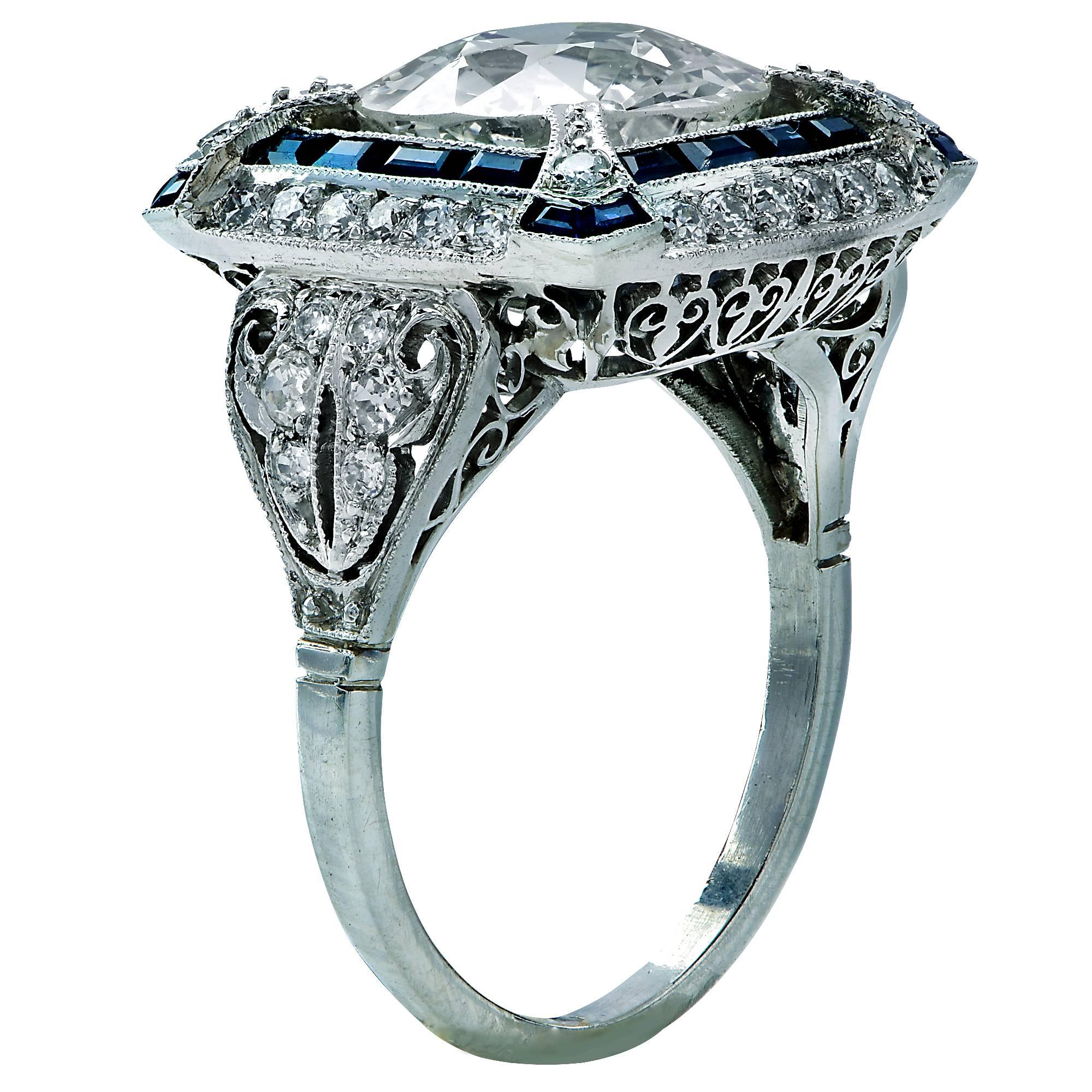 3.80 Carat European Cut Diamond Sapphire Platinum Ring In Excellent Condition In Miami, FL