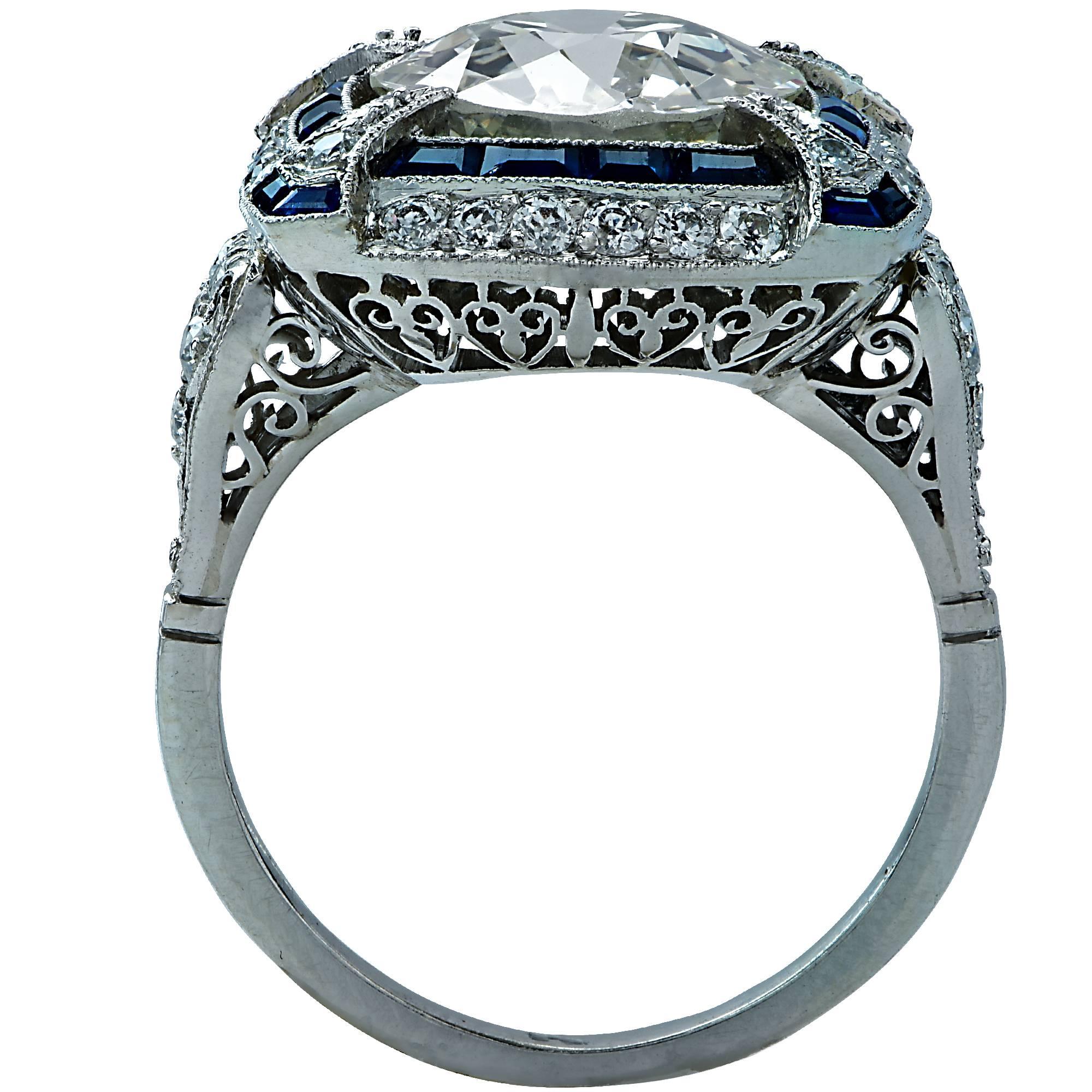 Women's 3.80 Carat European Cut Diamond Sapphire Platinum Ring