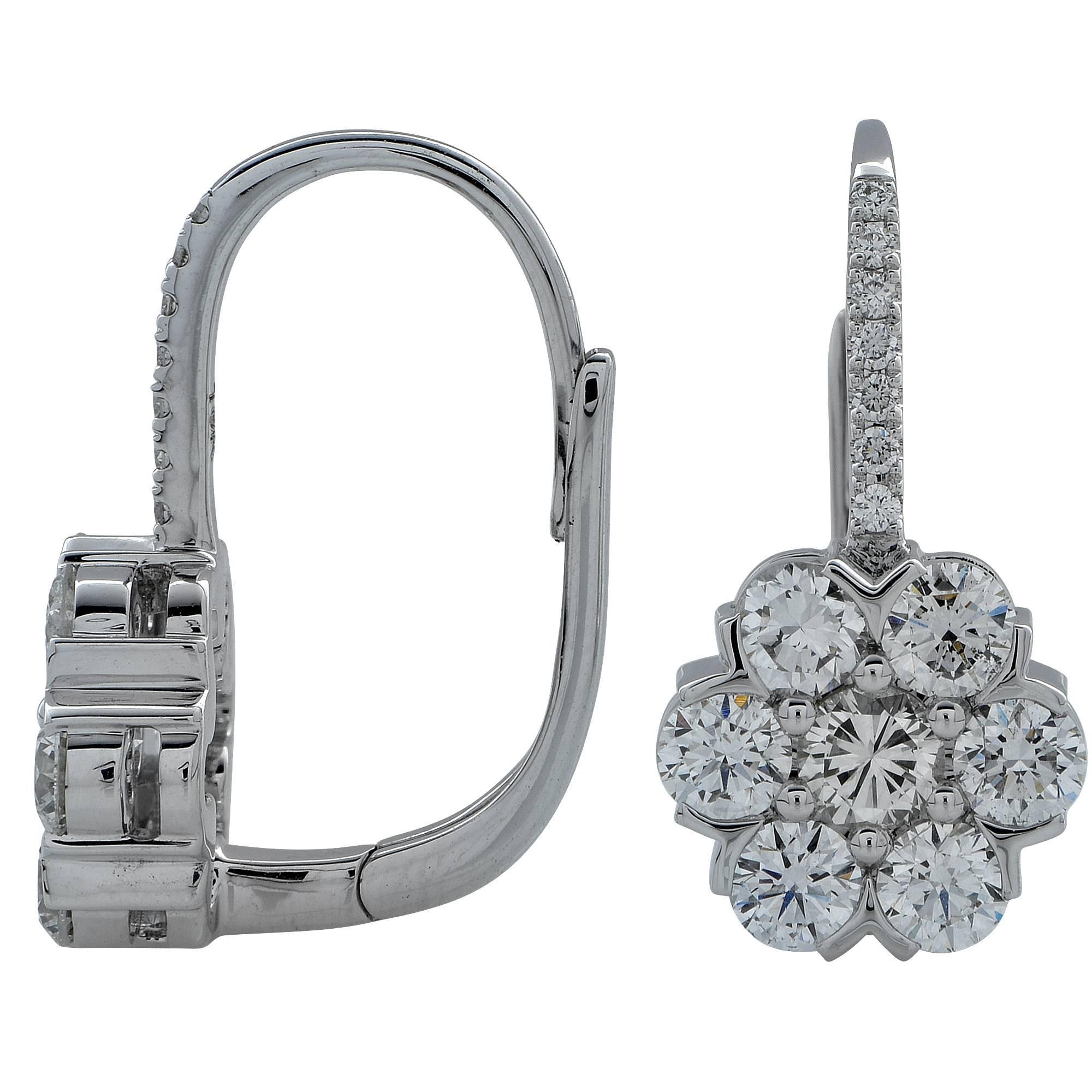 18k white gold earrings containing 14 round brilliant cut diamonds weighing 1.85ct F color and VS-SI clarity set in a cluster style suspended for white gold diamond encrusted wire containing 14 round brilliant cut diamonds weighing .10cts. These