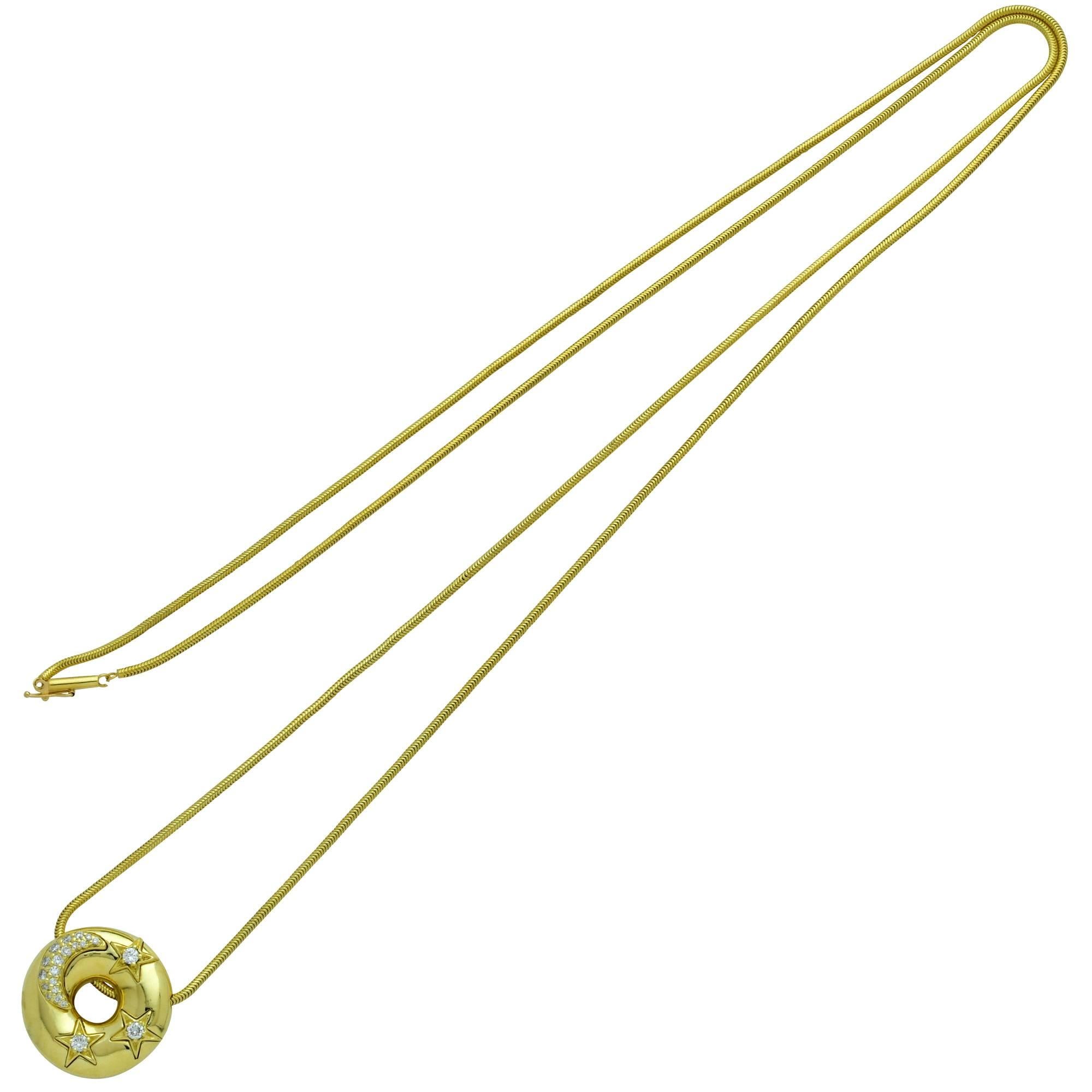 18k yellow gold Jose Hess stars and moon necklace featuring 21 round brilliant cut diamonds weighing approximately .75cts total, G color VS clarity.

It is stamped and/or tested as 18k gold.
The metal weight is 34.67 grams.

This diamond necklace is