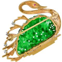 Jade Gold Swan Brooch