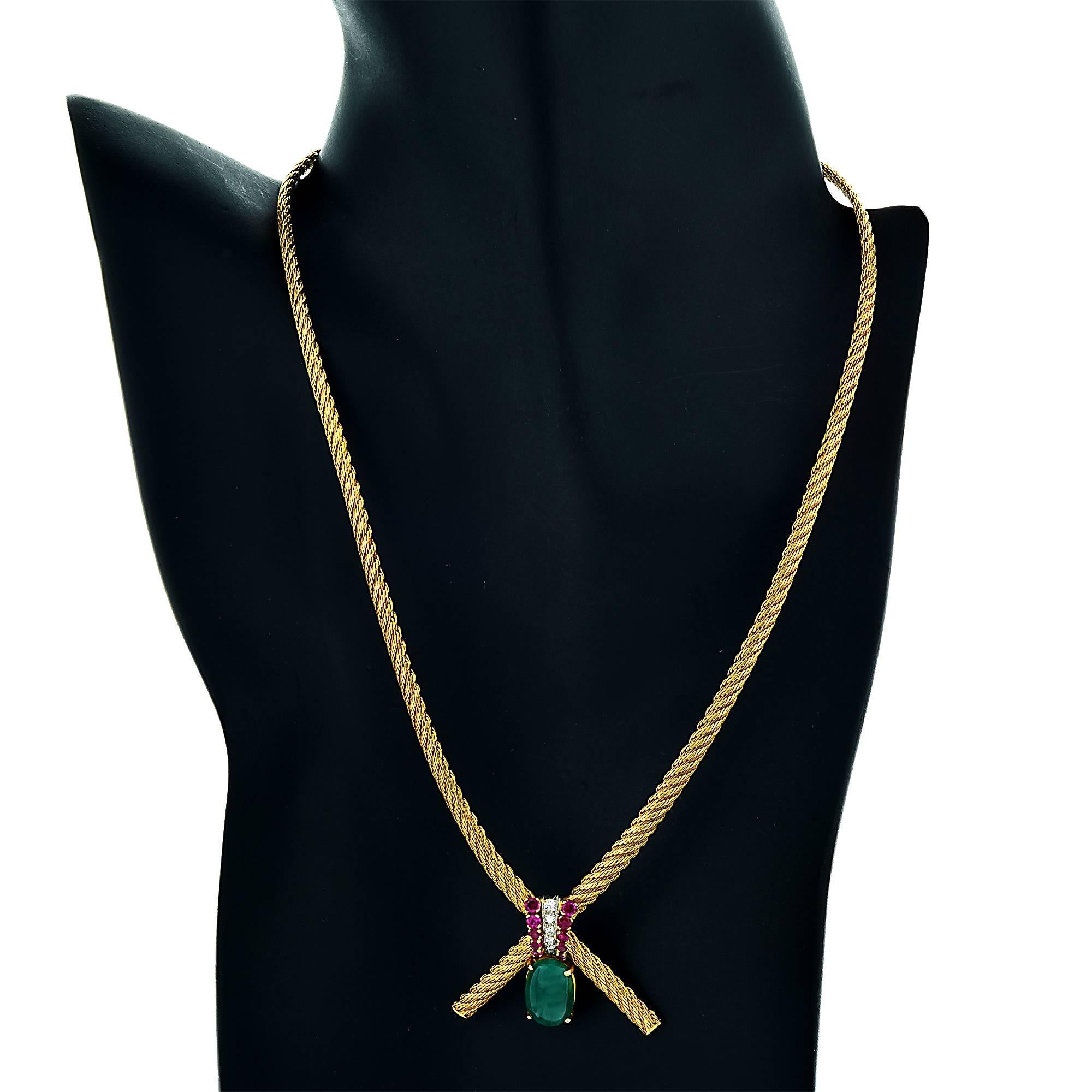 French Hallmarked Gemstone Diamond Yellow Gold Necklace In Excellent Condition In Miami, FL