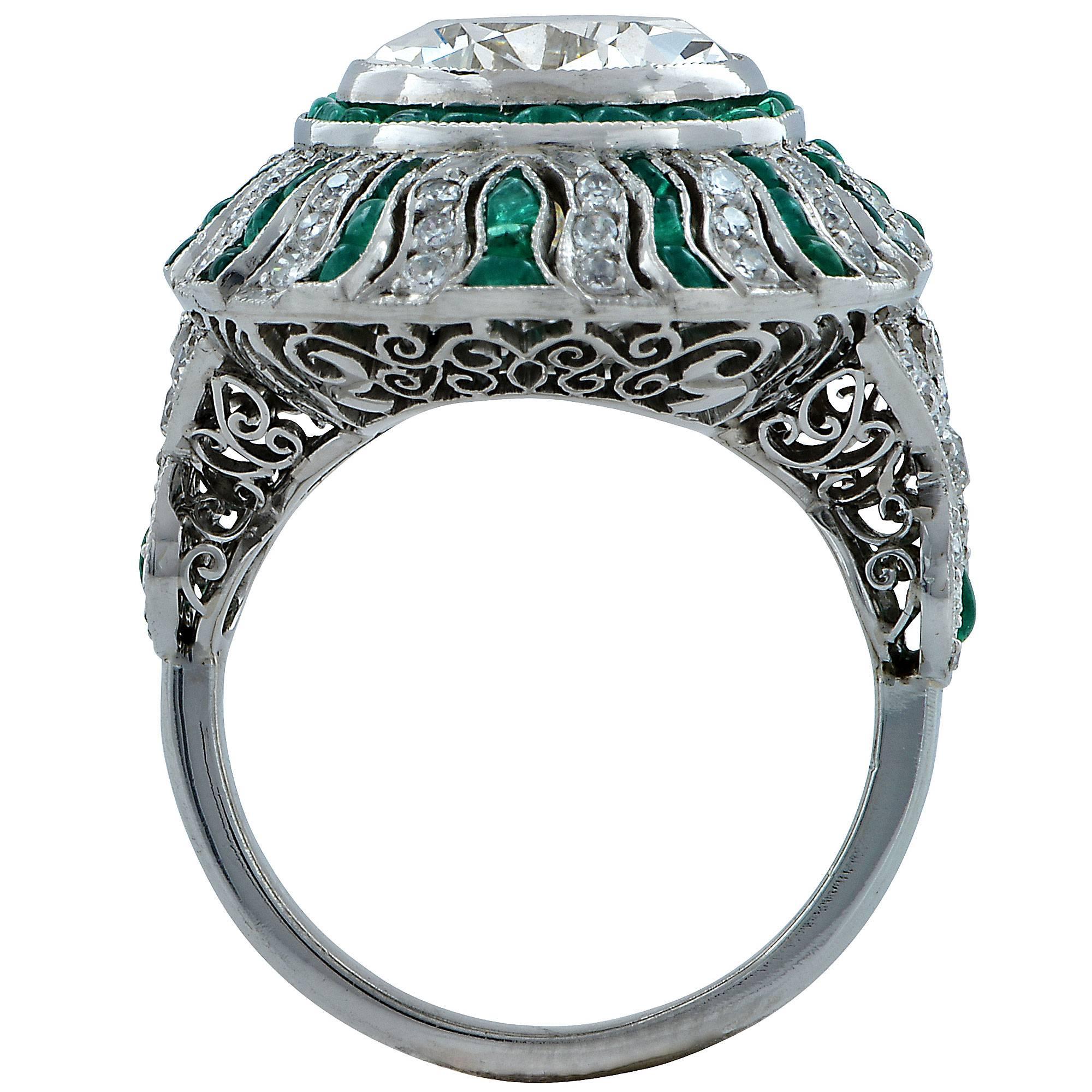 Pear Cut Art Deco Style Emerald and Diamond Platinum Ring