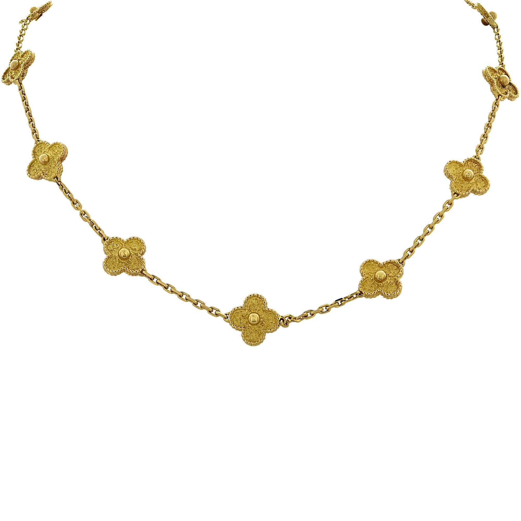 Van Cleef & Arpels Vintage Alhambra long necklace, 20 motifs, yellow gold. In 1968, the Maison created a true icon of luck: the Alhambra collection. The first long necklace was born, combining yellow gold with the pure lines of the Alhambra