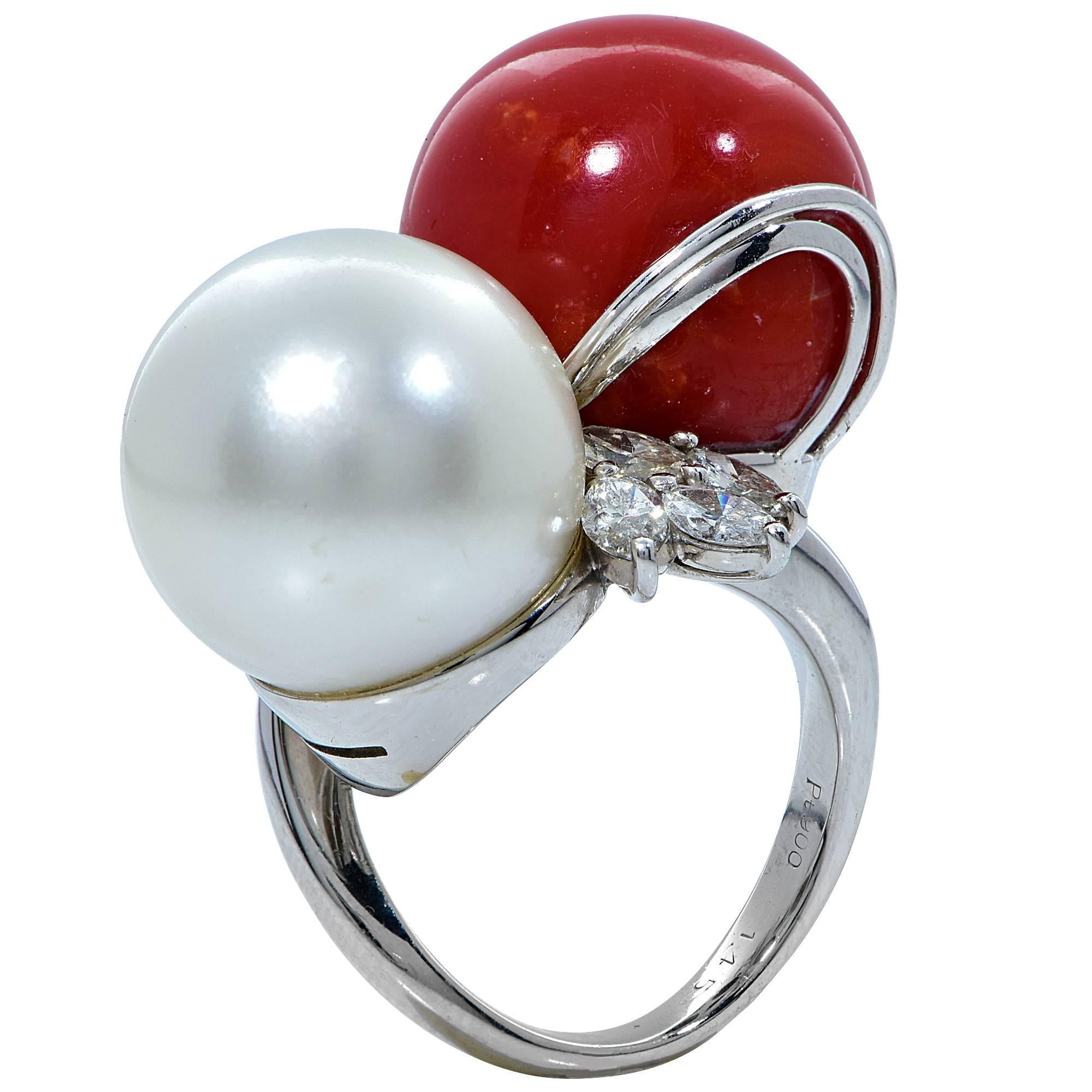 Women's Coral Pearl Diamond Platinum Bypass Ring