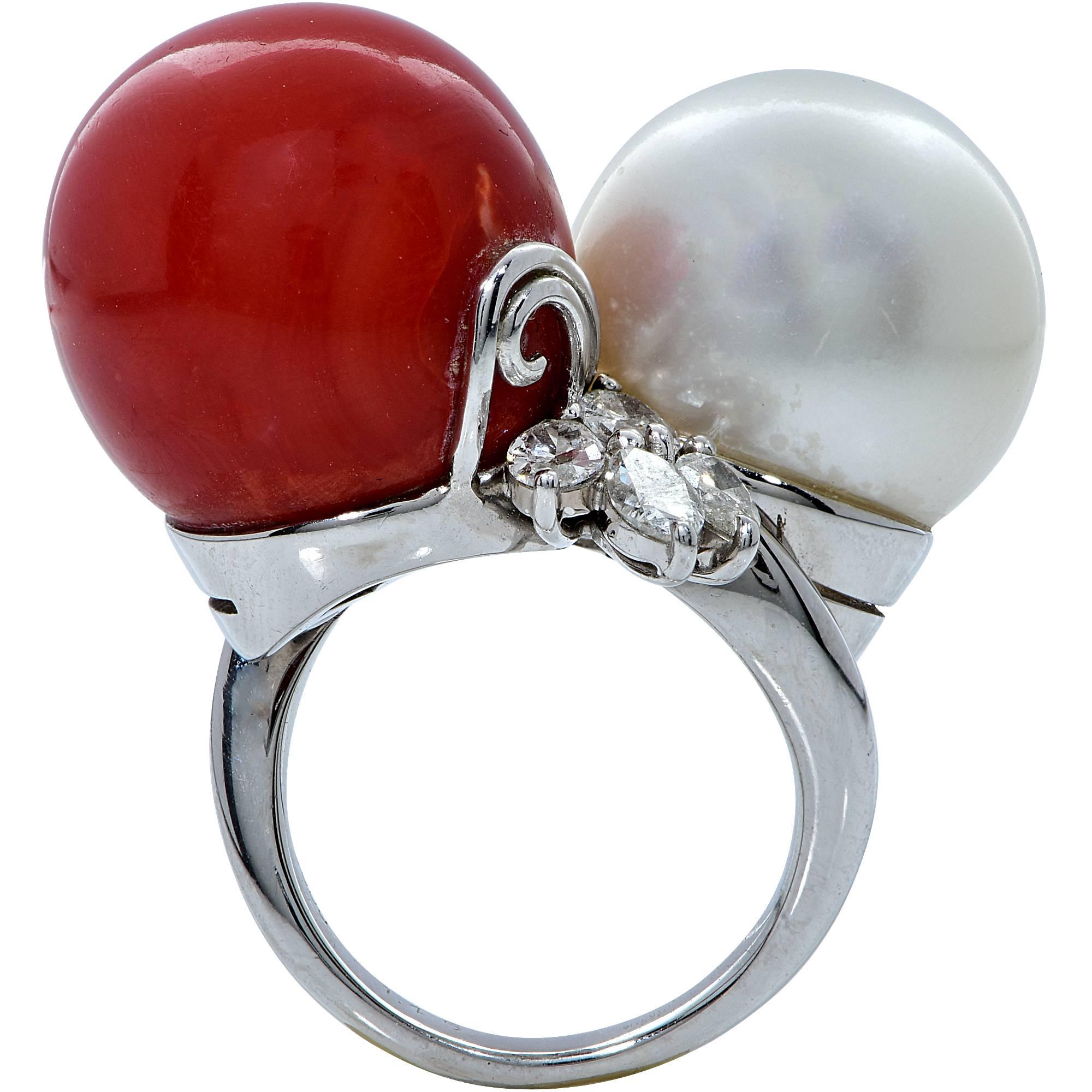 Coral Pearl Diamond Platinum Bypass Ring 1