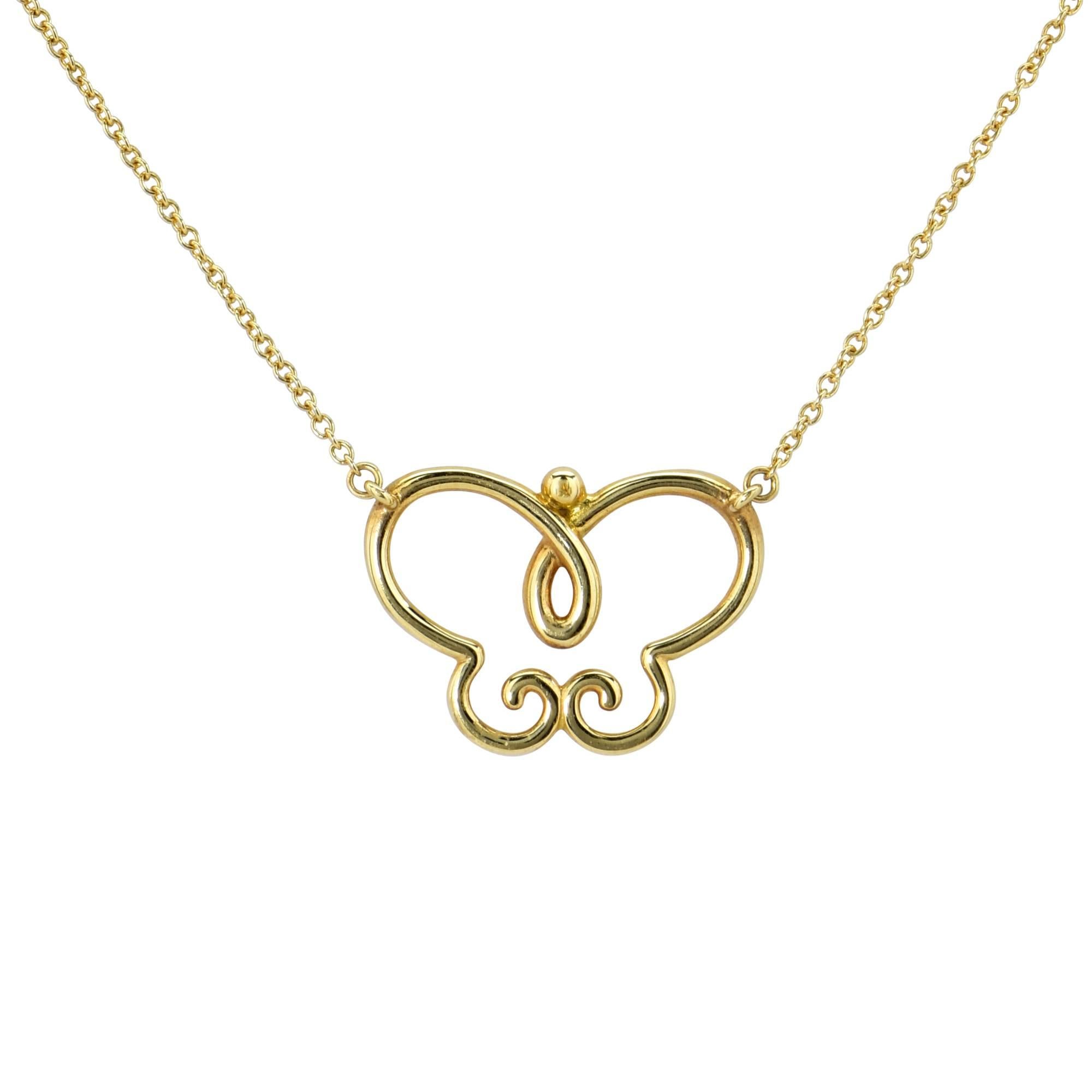 18k yellow gold Tiffany & Co. Picasso gold Villa Paloma butterfly necklace.

This gorgeous necklace is suspended from a 16 inch chain, the pendant measures .76 inch in width by .55 inch in height.
The necklace and pendant weighs 3 grams.

This