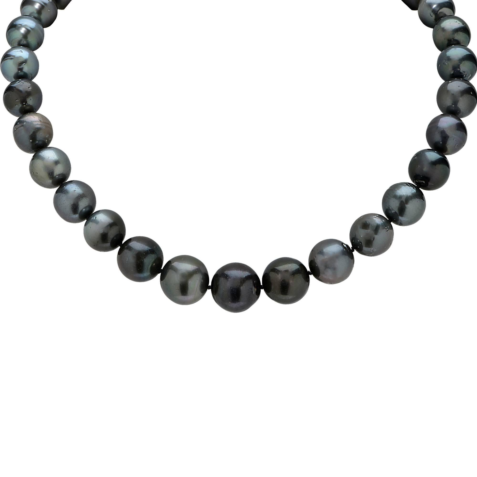 This beautifully crafted pearl necklace features 12-16mm South Sea black pearls with a 14k white gold clasp. Black South Sea pearls are famed for their mysterious and breath-taking overtones. So mysterious in fact, there have been stories and tales