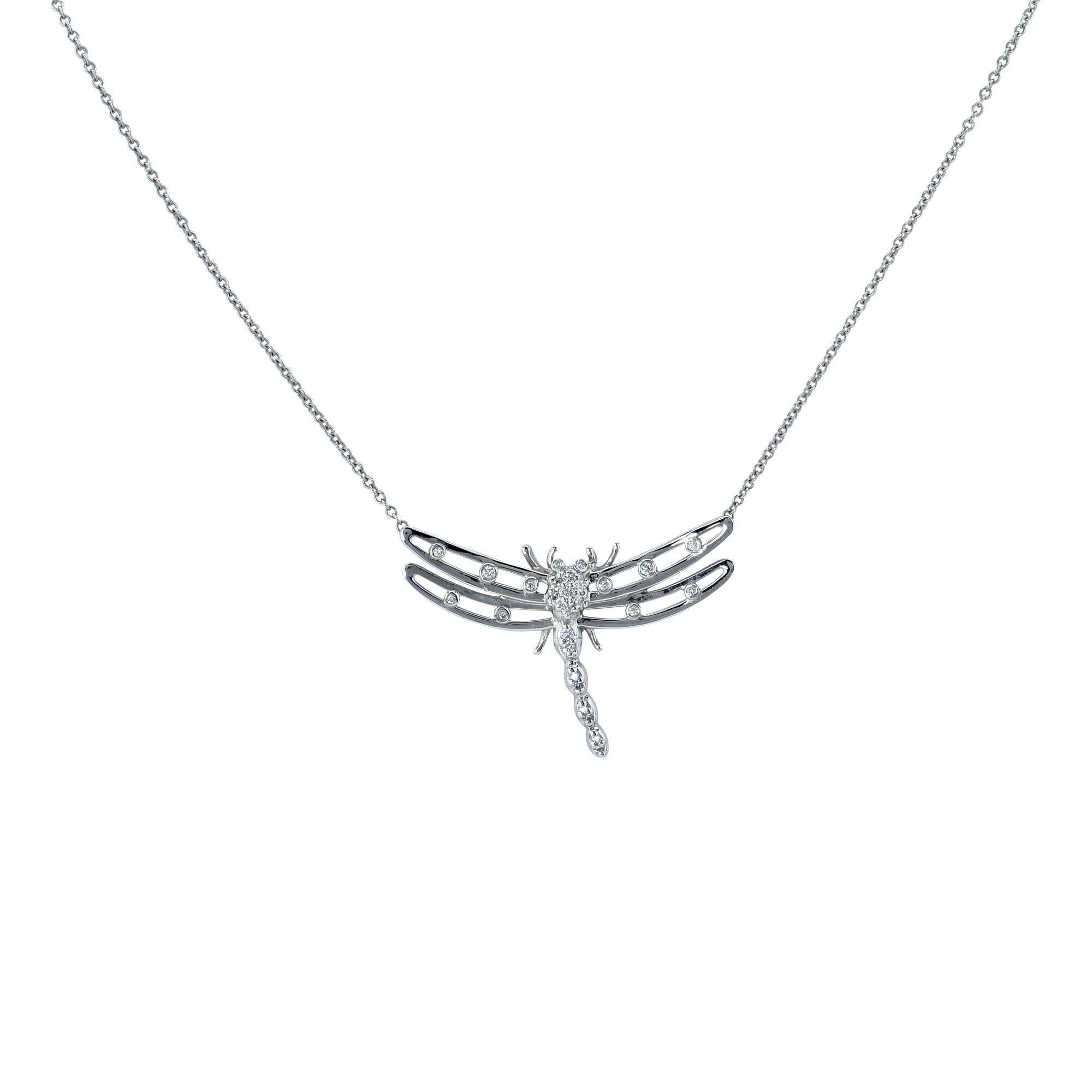 Elegant Tiffany & Co. Diamond Dragonfly Necklace crafted in platinum featuring 25 round brilliant cut diamonds weighing approximately .15cts total.

The chain is 16 inches in length. The pendant is 1.18 inches in width by .76 inch in height.
It