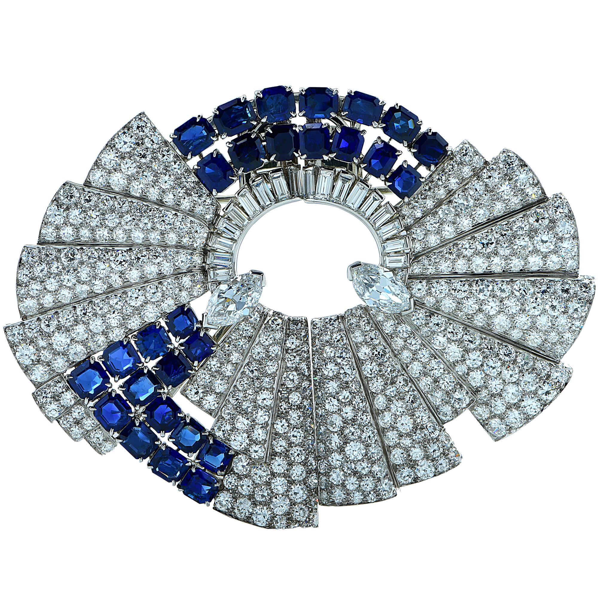 Art Deco Diamond Sapphire Double Clips Brooch at 1stDibs