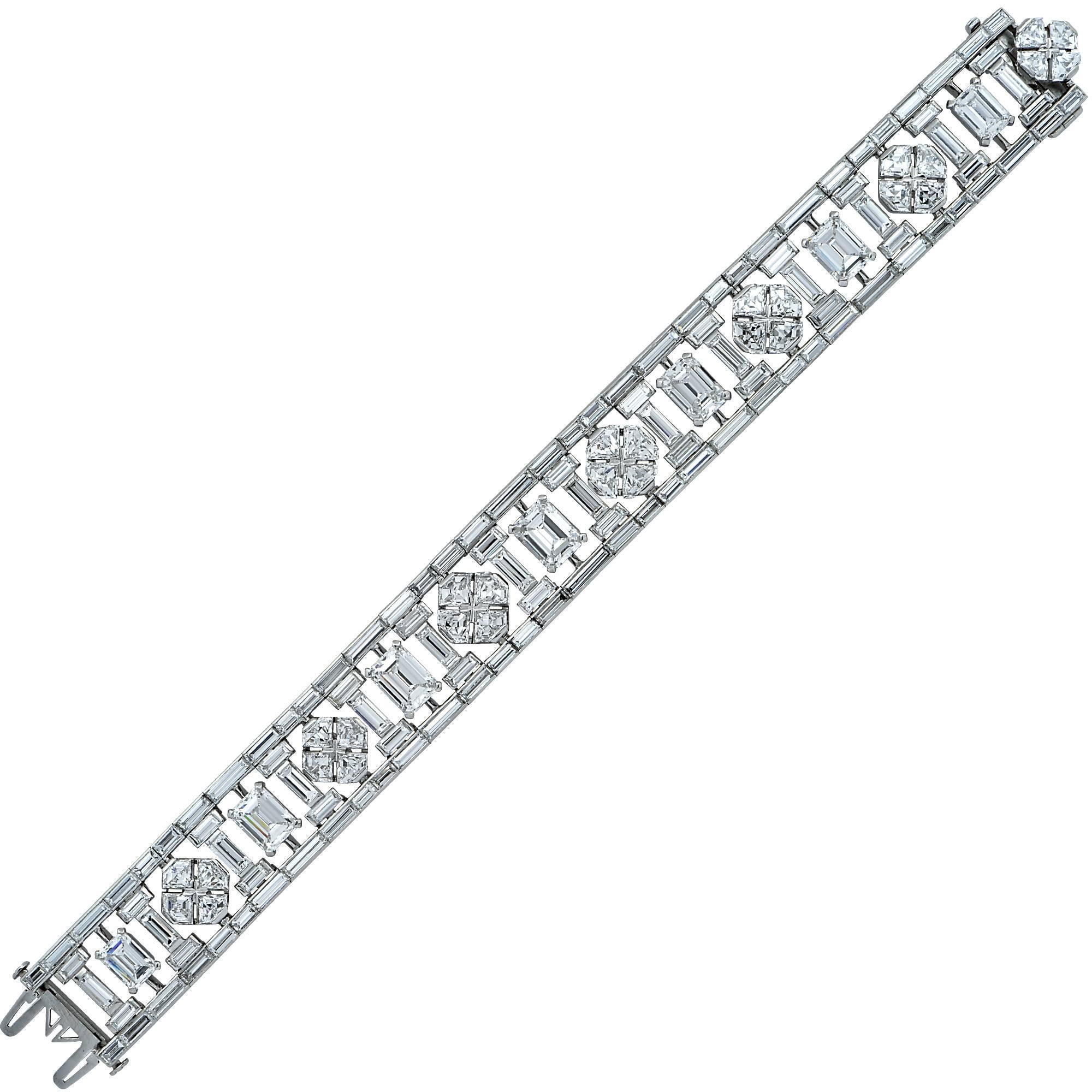 This magnificent and absolutely stunning platinum and diamond Mid - Century Circa 1940 line bracelet is truly spectacular. Although it is not signed, it is more than worthy of bearing hallmarks of the finest French jewelry creators from the period.