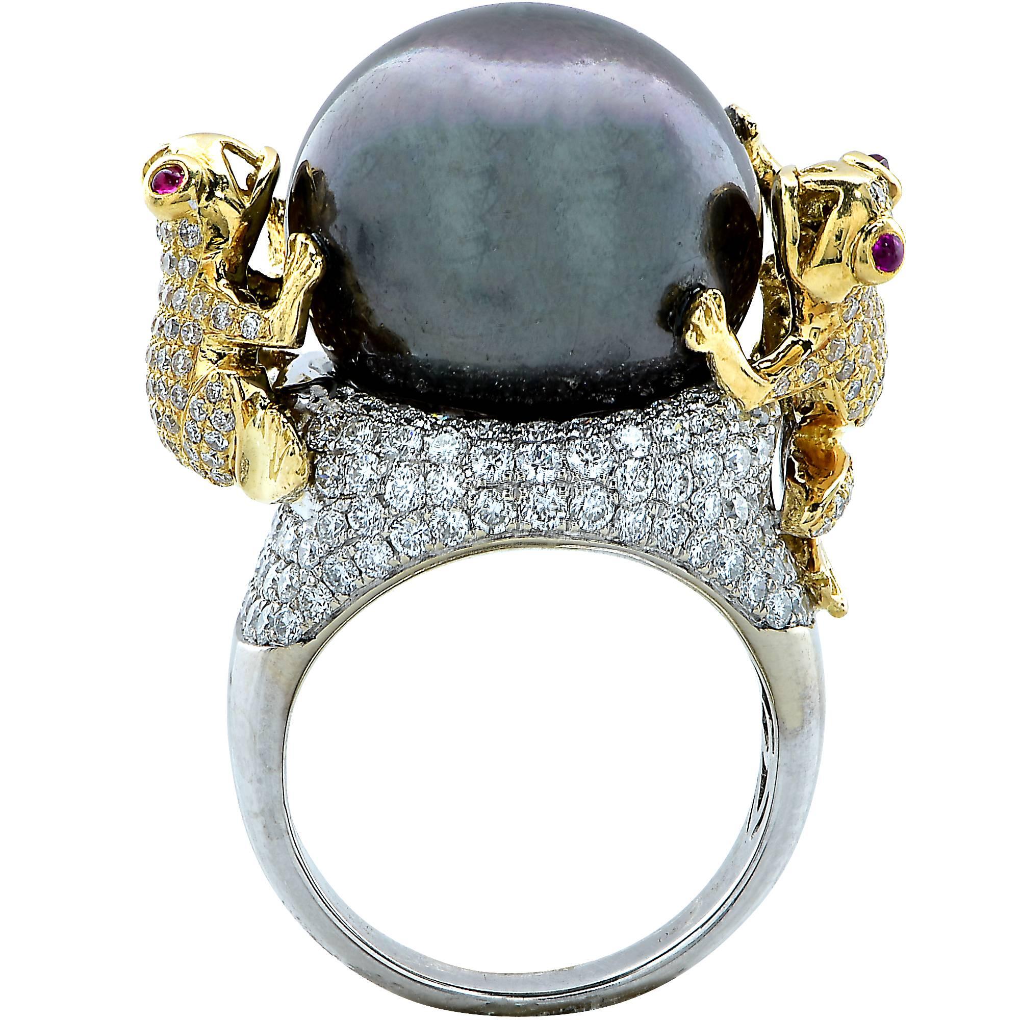 Women's Unique Tahitian Pearl Ring with Diamond Pave Frogs