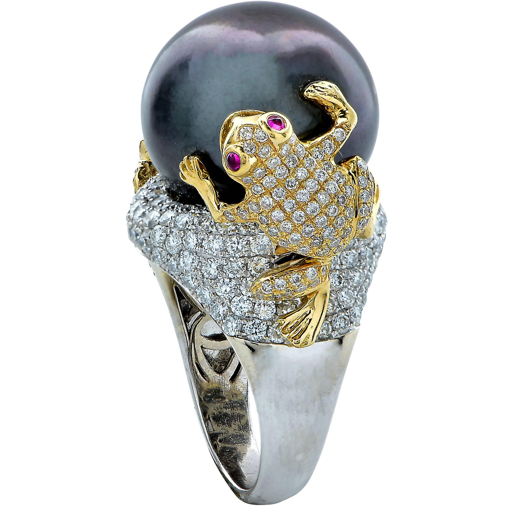 Unique Tahitian Pearl Ring with Diamond Pave Frogs 1