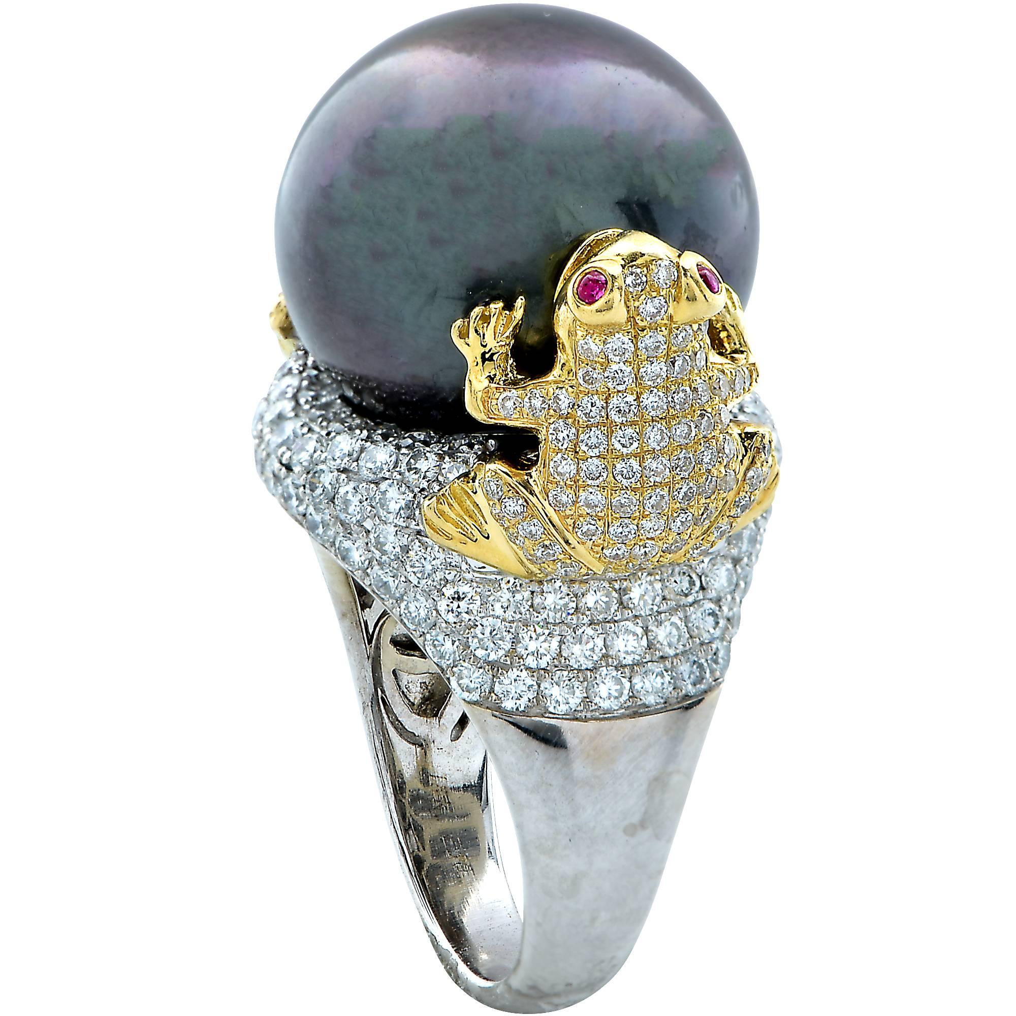 Unique Tahitian Pearl Ring with Diamond Pave Frogs 2