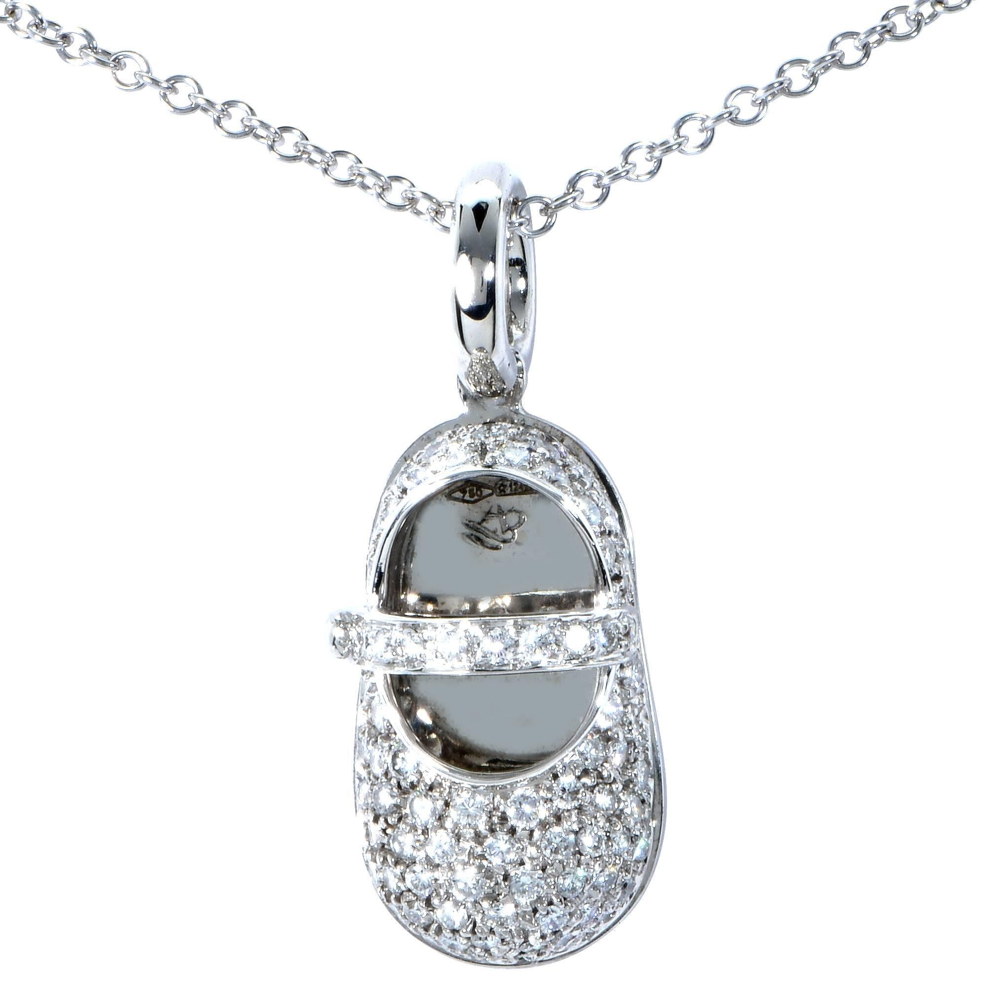 18k white gold Aaron Basha shoe pendant featuring 95 carefully selected round brilliant cut diamonds weighing approximately 1ct total G color VS clarity.

Measurements are available upon request.
It is stamped and/or tested as 18k gold.
The metal