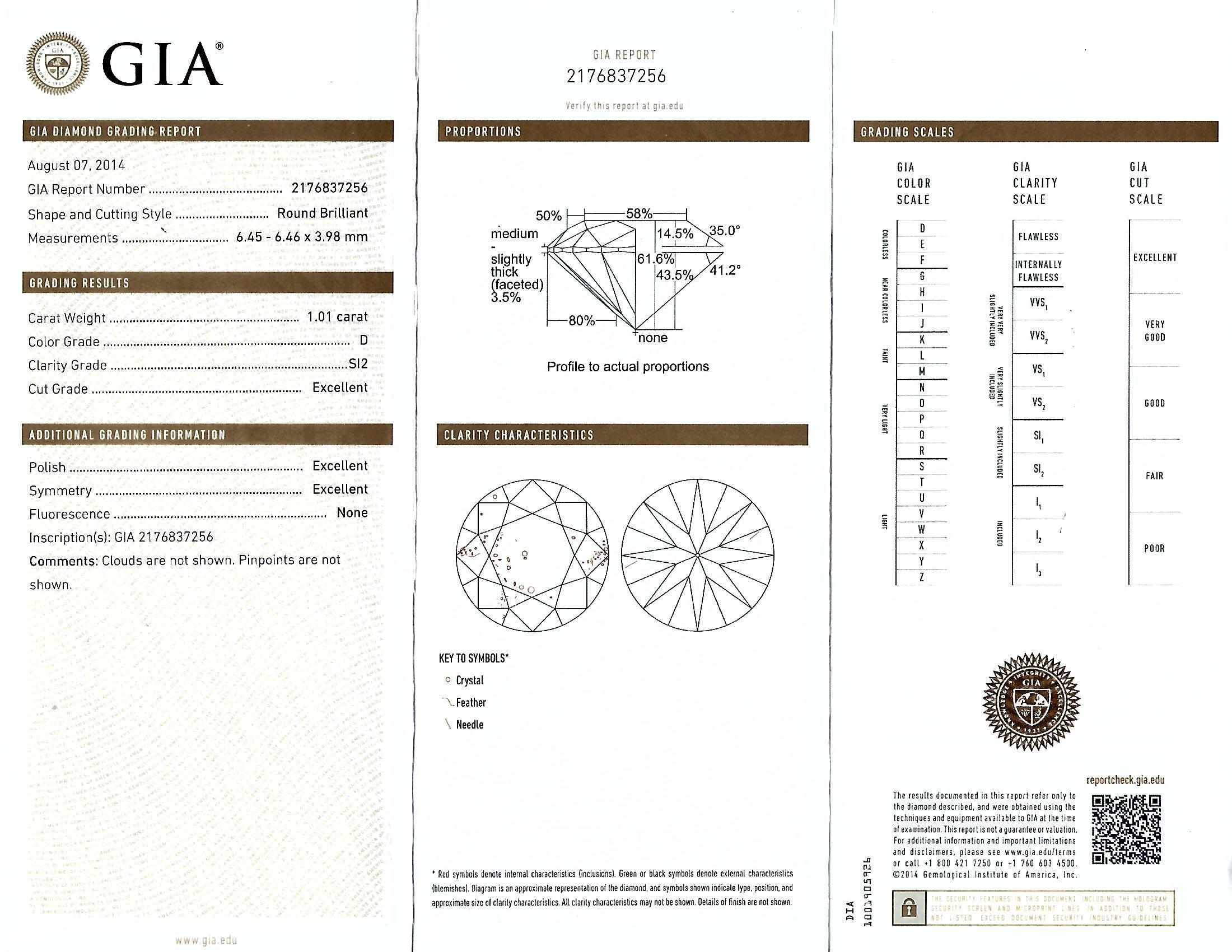 14k white gold halo engagement ring featuring a GIA graded 1.01ct round brilliant cut diamond D color SI2 clarity with excellent polish, symmetry and cut grade. 

The ring is a size 5.5 and can be sized up or down.
Measurements are available upon