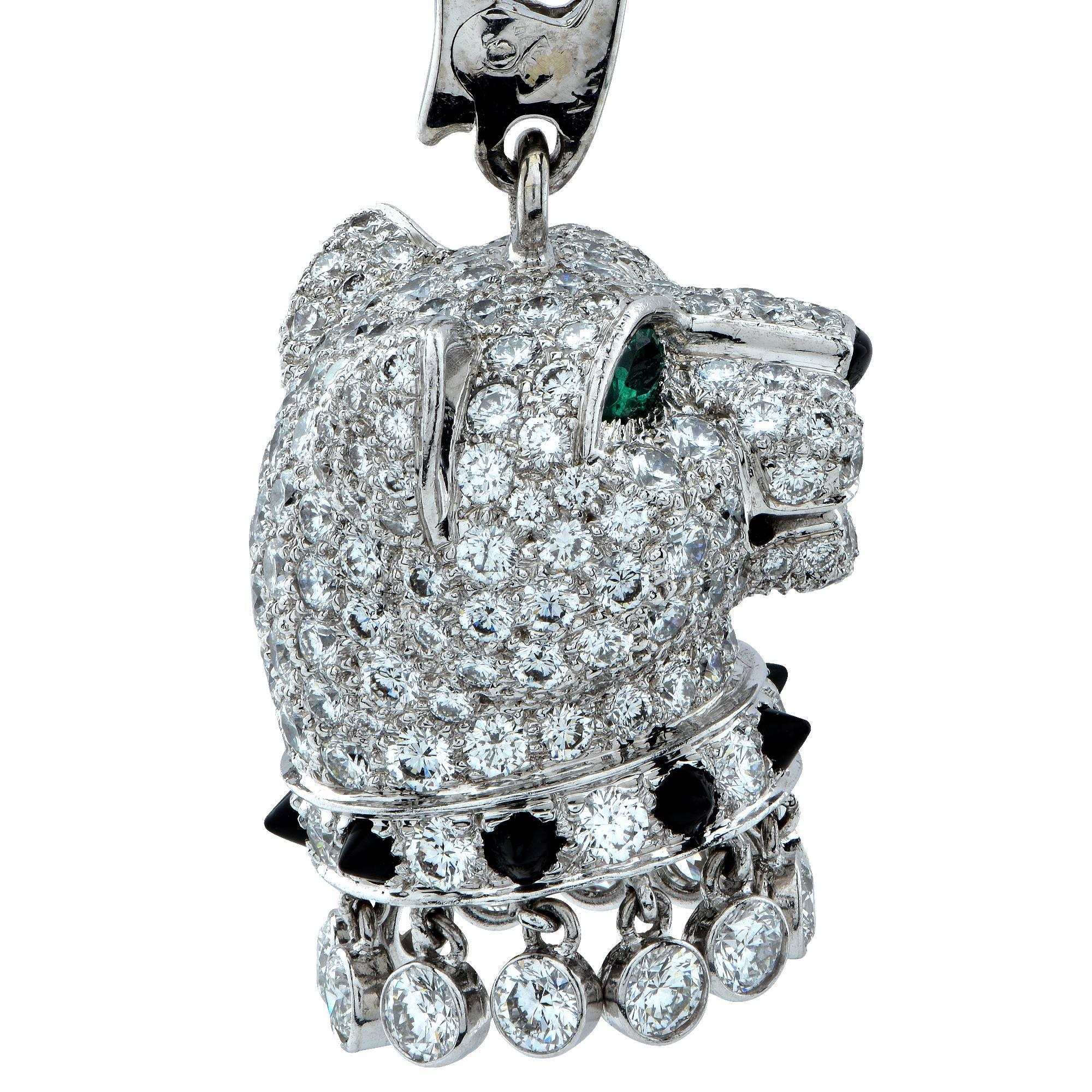Cartier pendant from the coveted Panthere de Cartier collection, featuring a stunning panther head crafted out of 18k white gold, adorned with approximately 5 carats of round brilliant cut diamonds, F Color, VVS-VS clarity. This stunning panther has