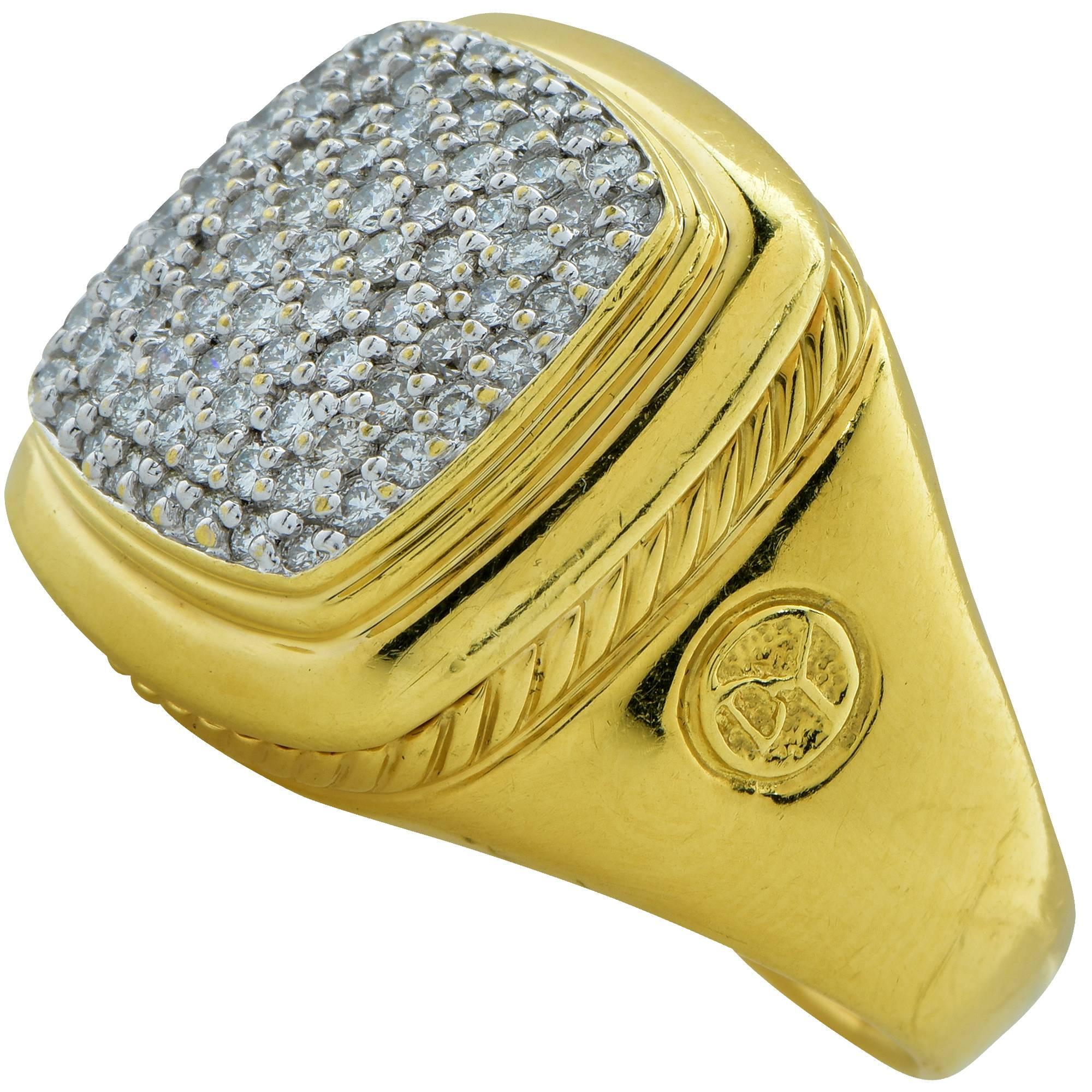 18k yellow gold David Yurman ring featuring 79 round brilliant cut diamonds weighing 1.50cts total G color VS clarity.

The ring is a size 9.5 and can be sized up or down.
Measurements are available upon request.
It is stamped and/or tested as 18k