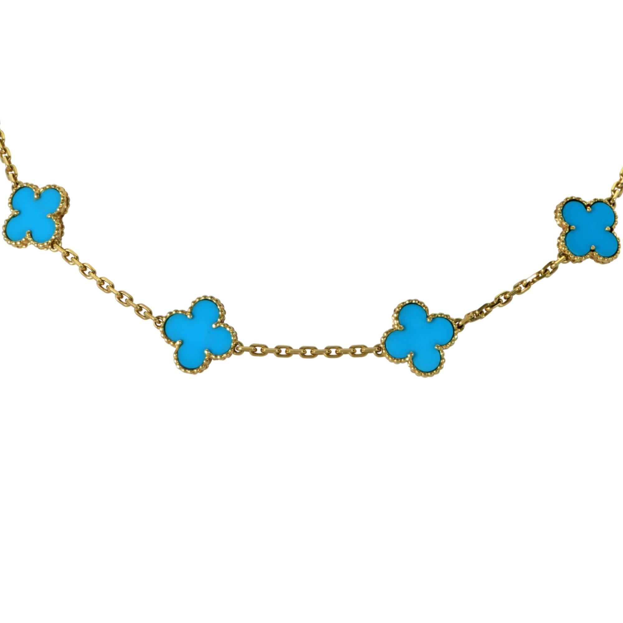 Van Cleef & Arpels 18k yellow gold vintage Alhambra necklace with 10 turquoise clover motifs.

This necklace measures 16 inches in length.
It is stamped and/or tested as 18k gold.

Our pieces are all accompanied by an appraisal performed by one