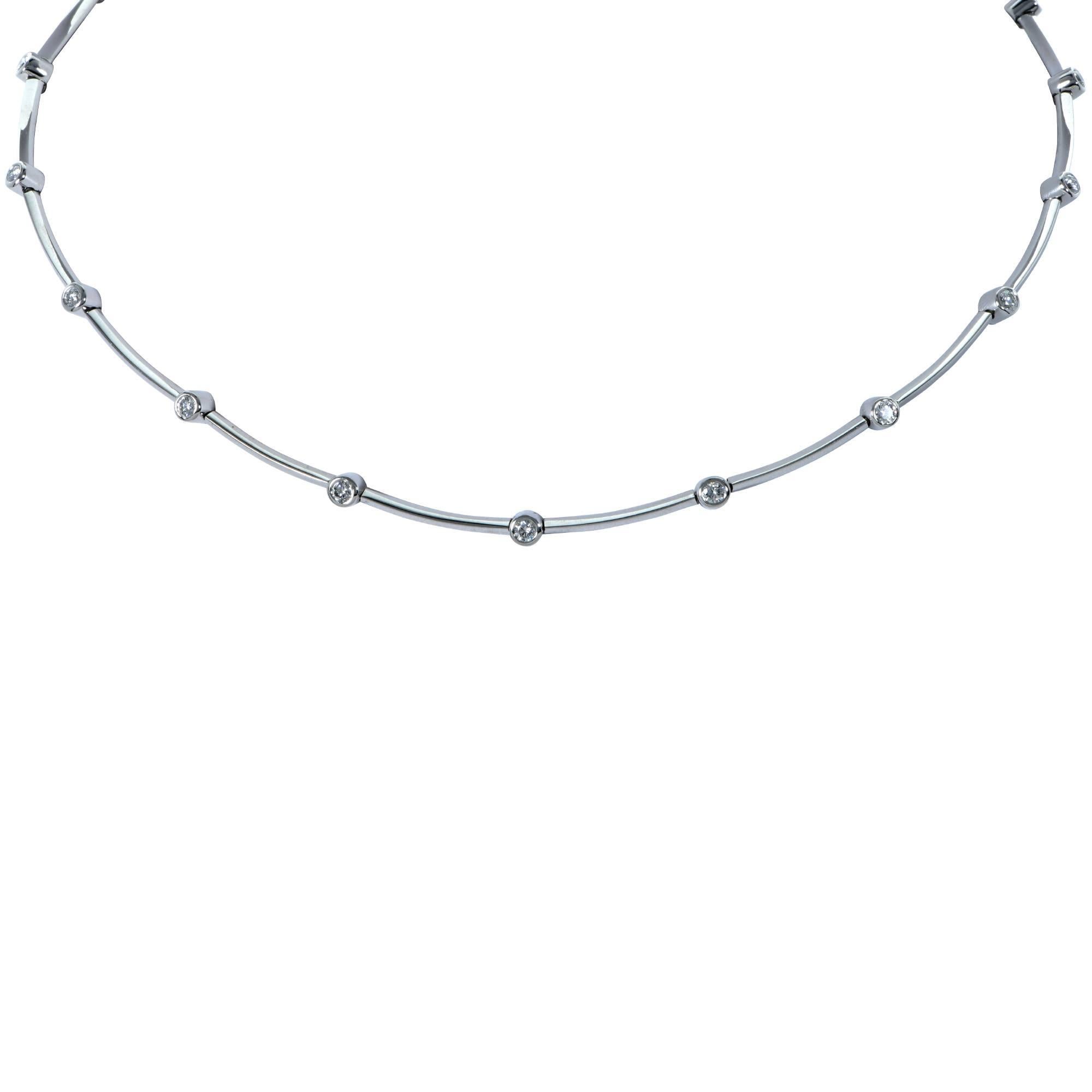 Tiffany & Co. diamond station necklace crafted out of platinum. Featuring 19 round brilliant cut diamonds weighing approximately 1.35cts F color and VS clarity. This simple, but elegant necklace weighs 27.3 grams and measures 15.5 inches in