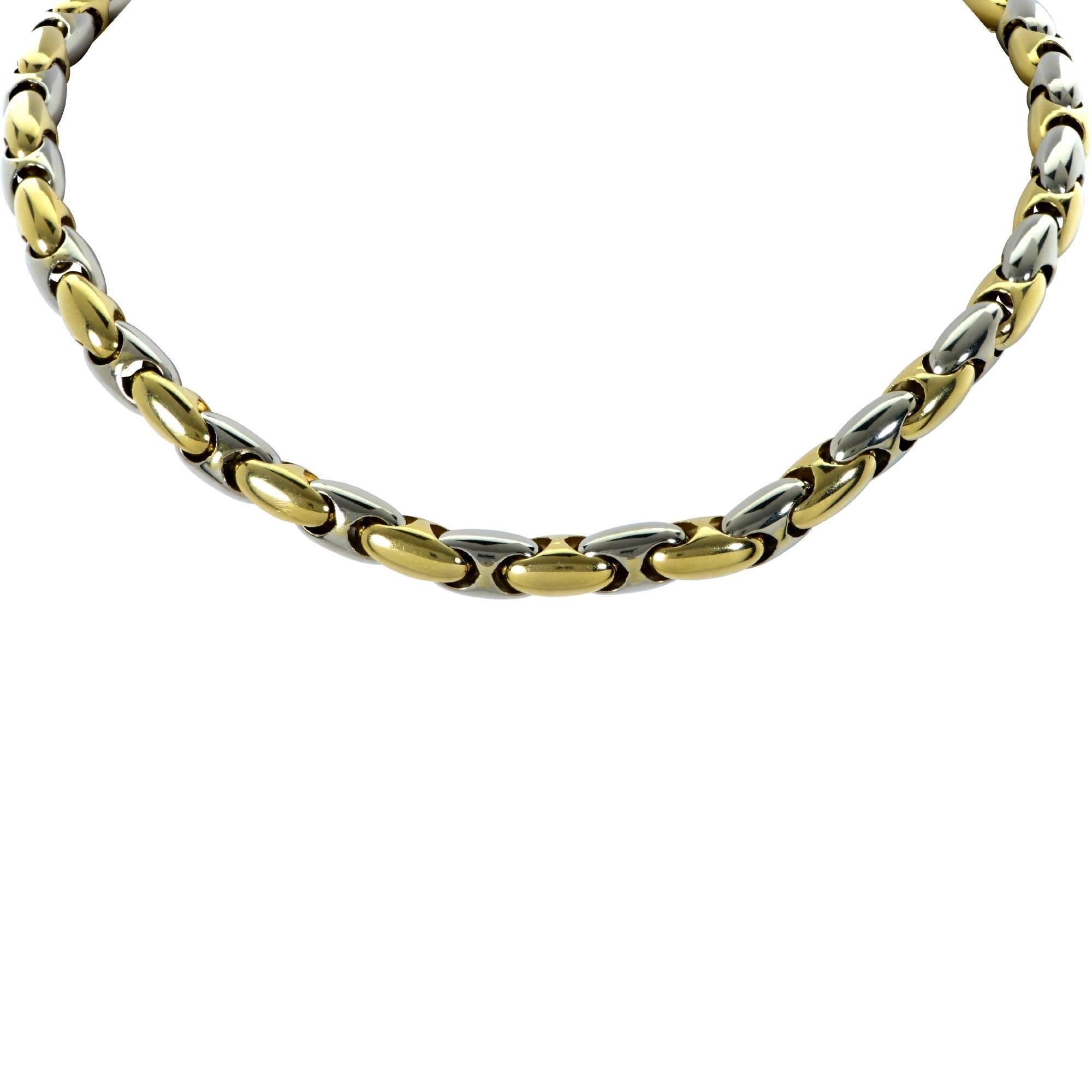 18k white and yellow gold Chimento necklace.

The necklace measures 16 inches long.
It is stamped and/or tested as 18k gold.
The metal weight is 61 grams.

Our pieces are all accompanied by an appraisal performed by one of our in-house GIA