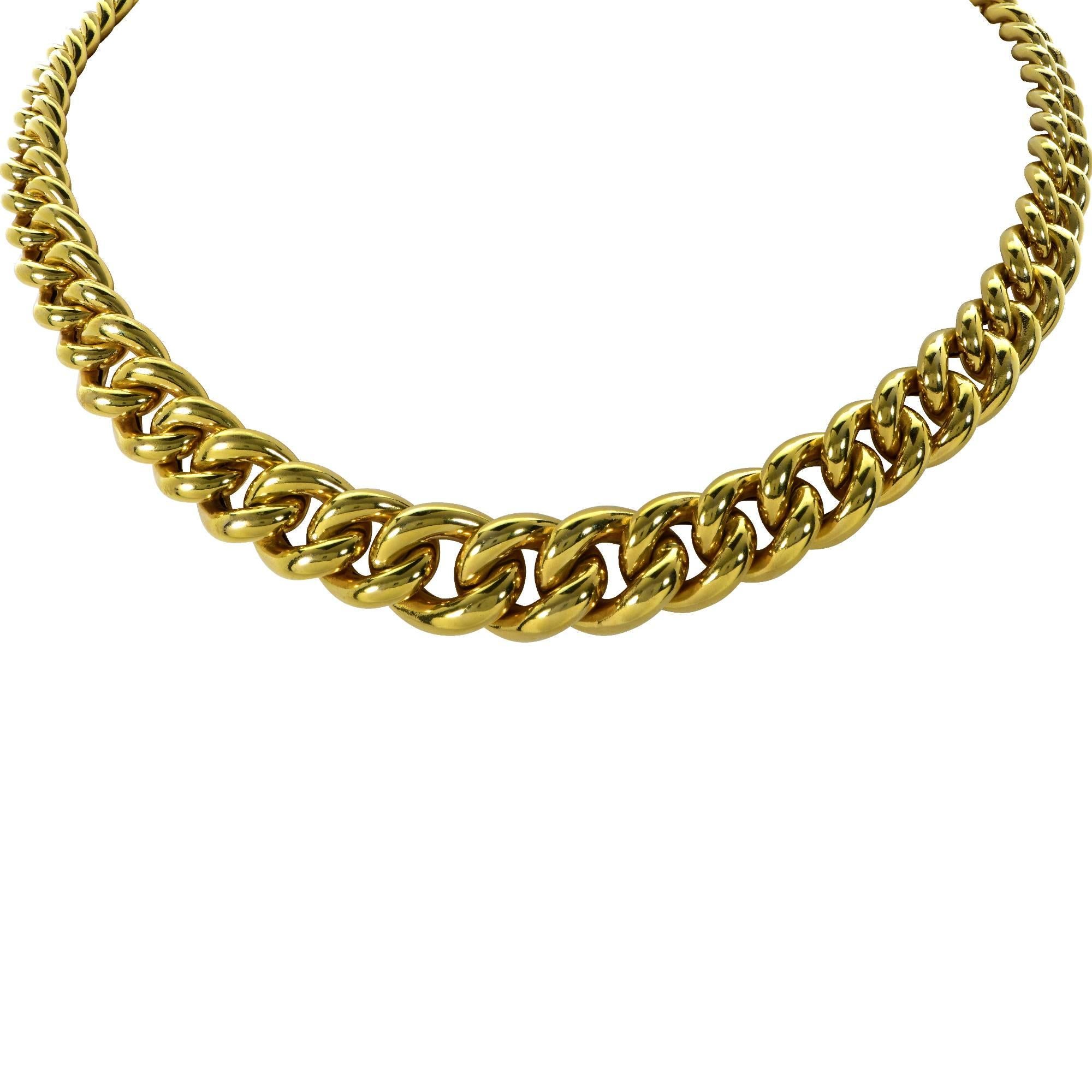 Italian 14k yellow gold necklace featuring high polish rounded curb links.

The curb links taper from .33 inches to .60 inch in width and measures 17 inches in length.
It is stamped and/or tested as 14k gold.
The metal weight is 36.15 grams.
Our
