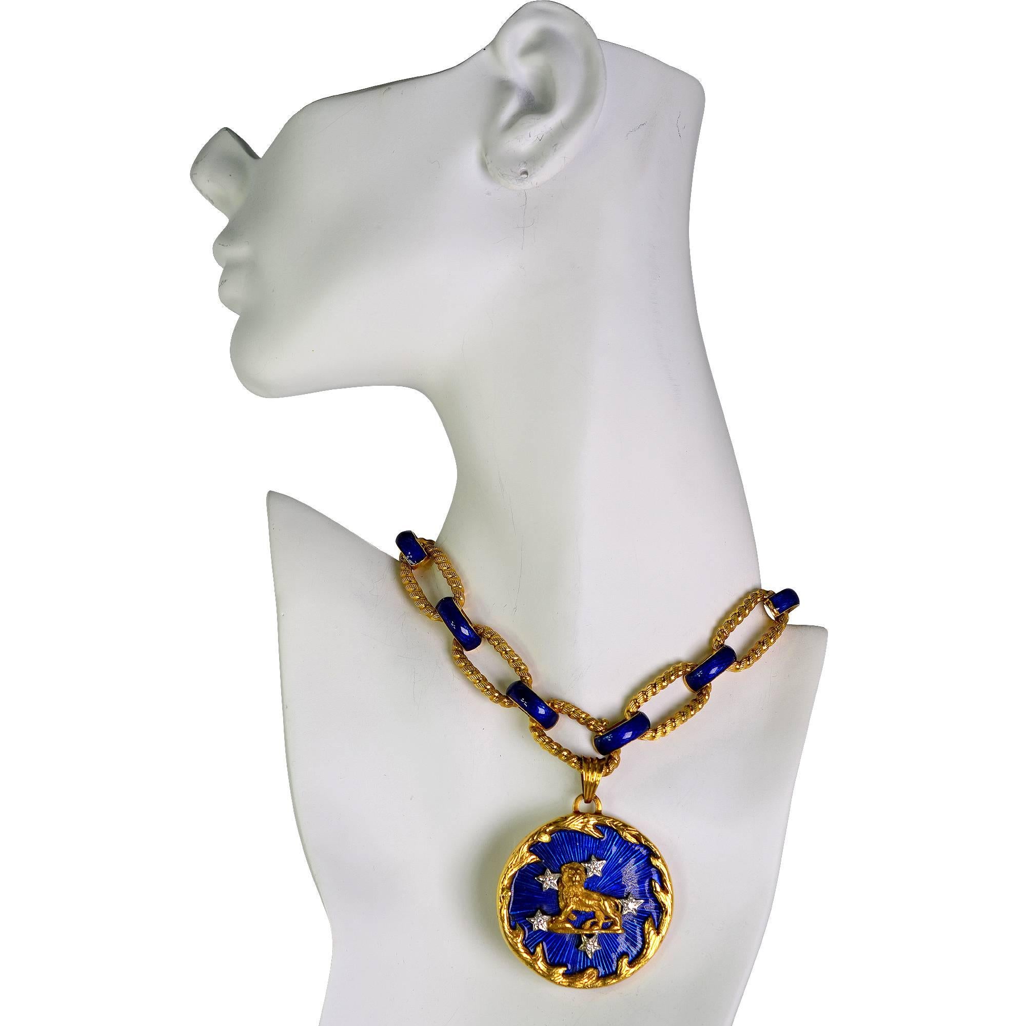 Round Cut Gold Leo Blue Enamel Diamond Gold Necklace and Bracelet