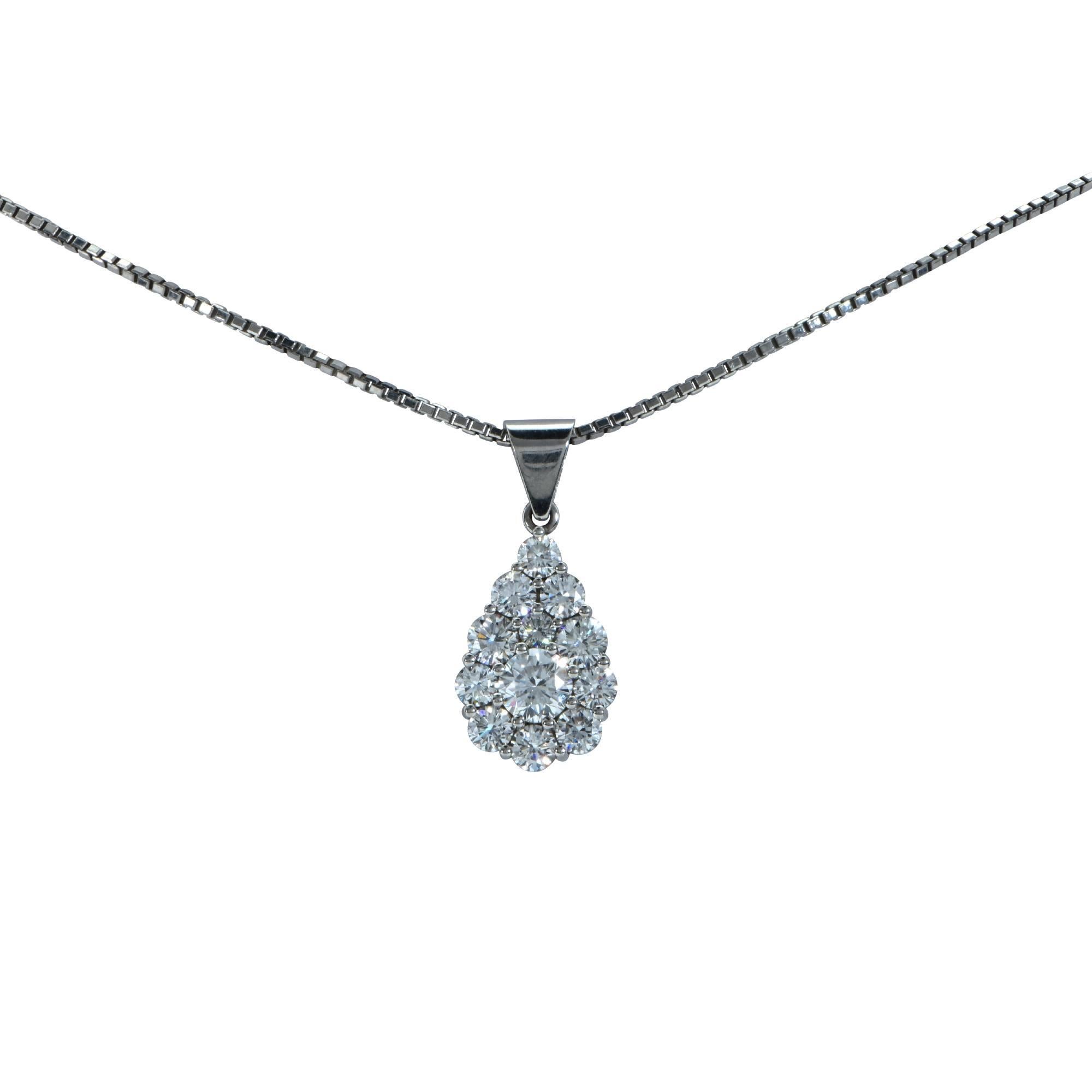 Platinum handmade pendant containing 12 round brilliant cut diamonds weighing approximately 2cts F color VS clarity.

Measurements are available upon request.
It is stamped and/or tested as platinum.
The metal weight is 7.93 grams.

Our pieces are