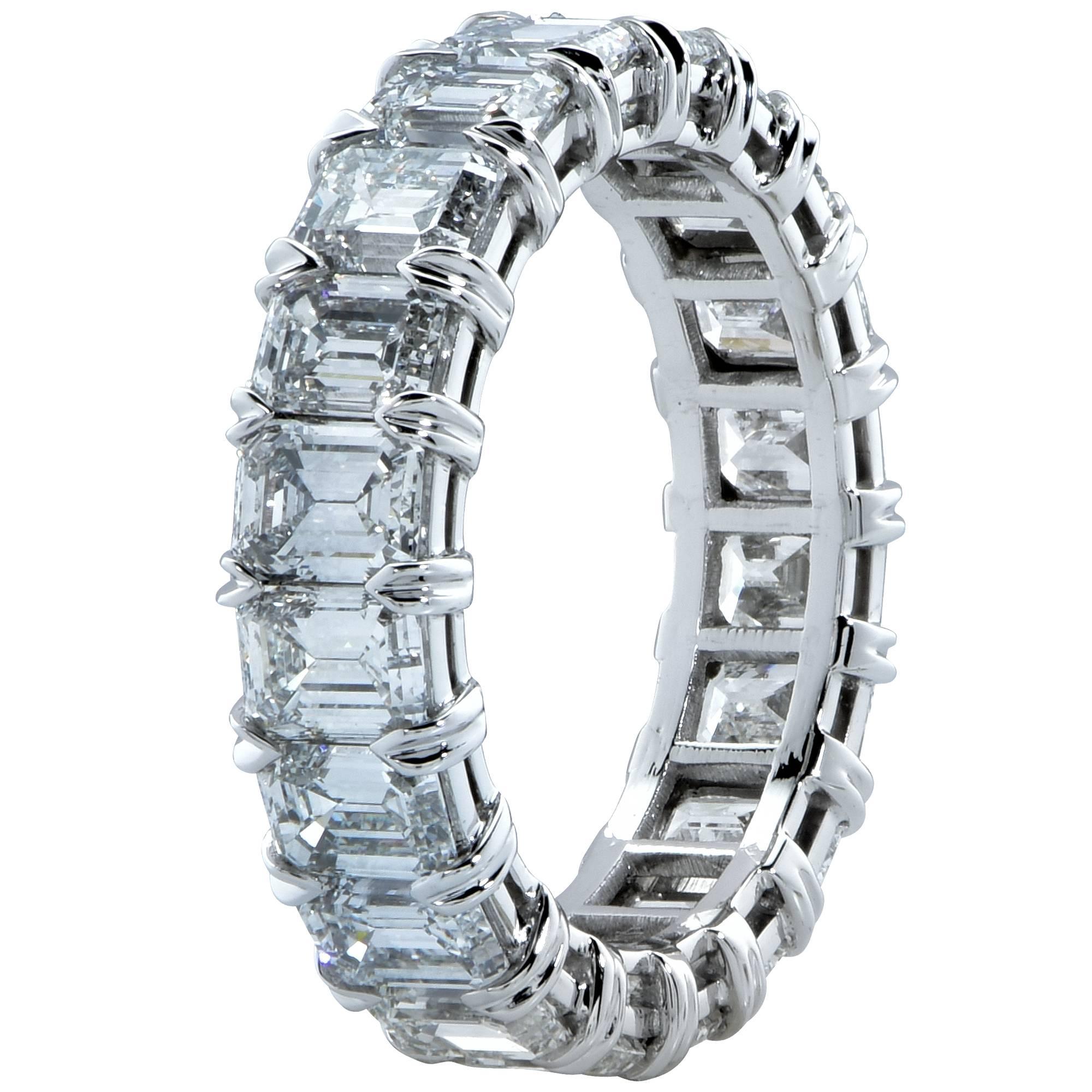 Exquisite Vivid Diamonds eternity band crafted by hand in Platinum, showcasing 20 emerald cut diamonds weighing 5.07 carats total, D-F color, VVS clarity. Each diamond is carefully selected, perfectly matched and set in a seamless sea of eternity