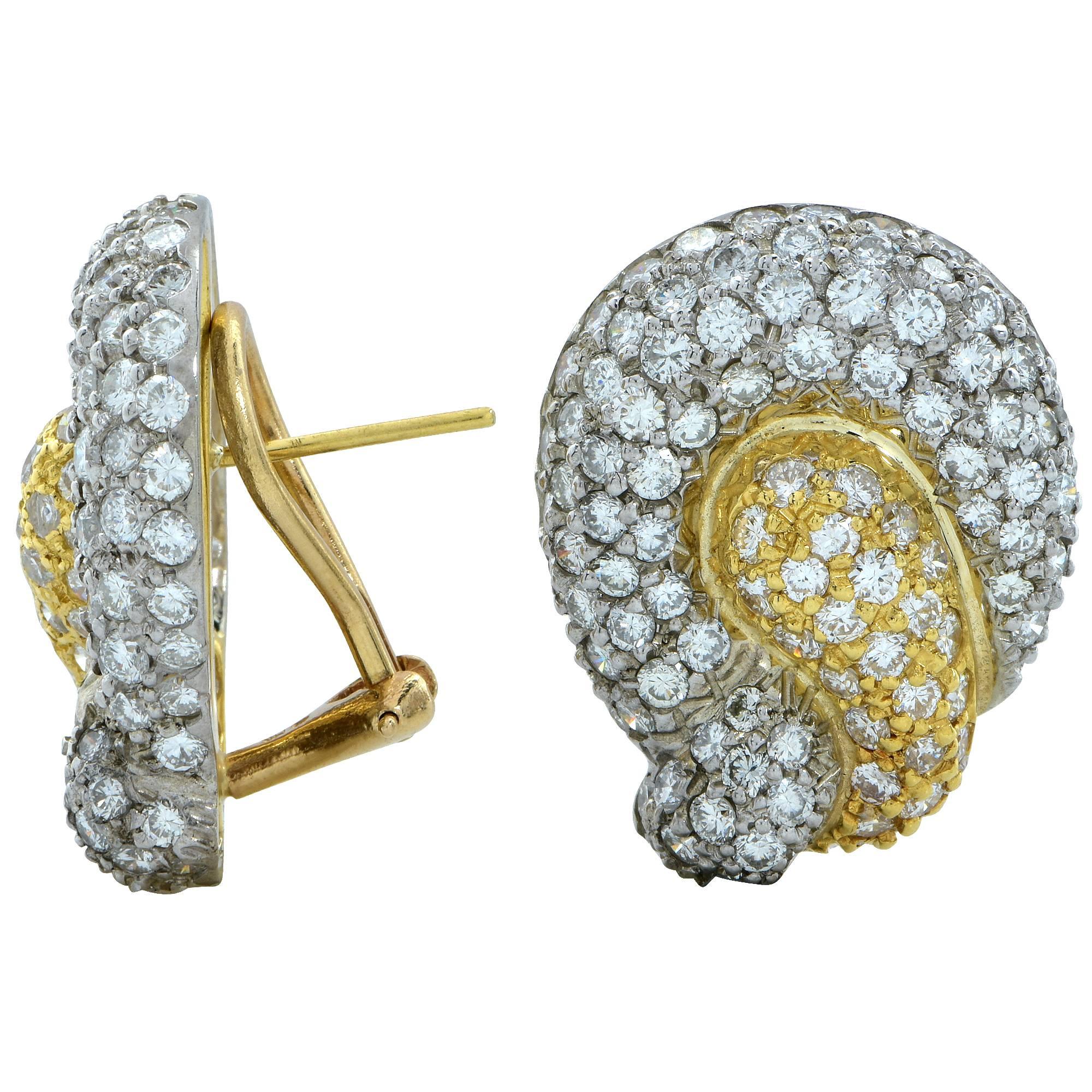 These lovely 18k two-tone yellow and white gold diamond lever-back earrings are accented by 220 round brilliant cut diamonds weighing approximately 5.50cts total.

Measurements are available upon request.
It is stamped and/or tested as 18k gold.
The
