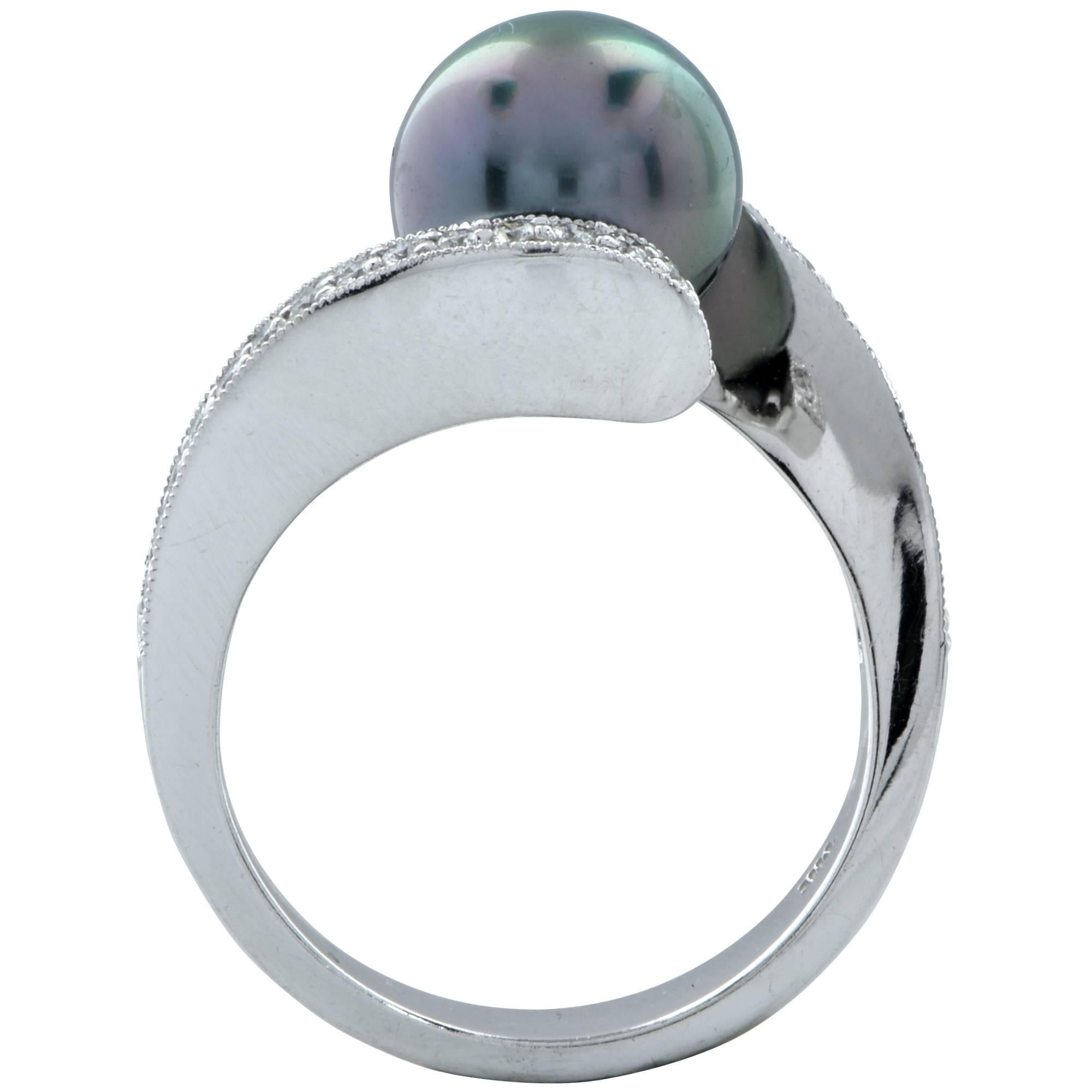 Round Cut Tahitian Pearl and Diamond Ring